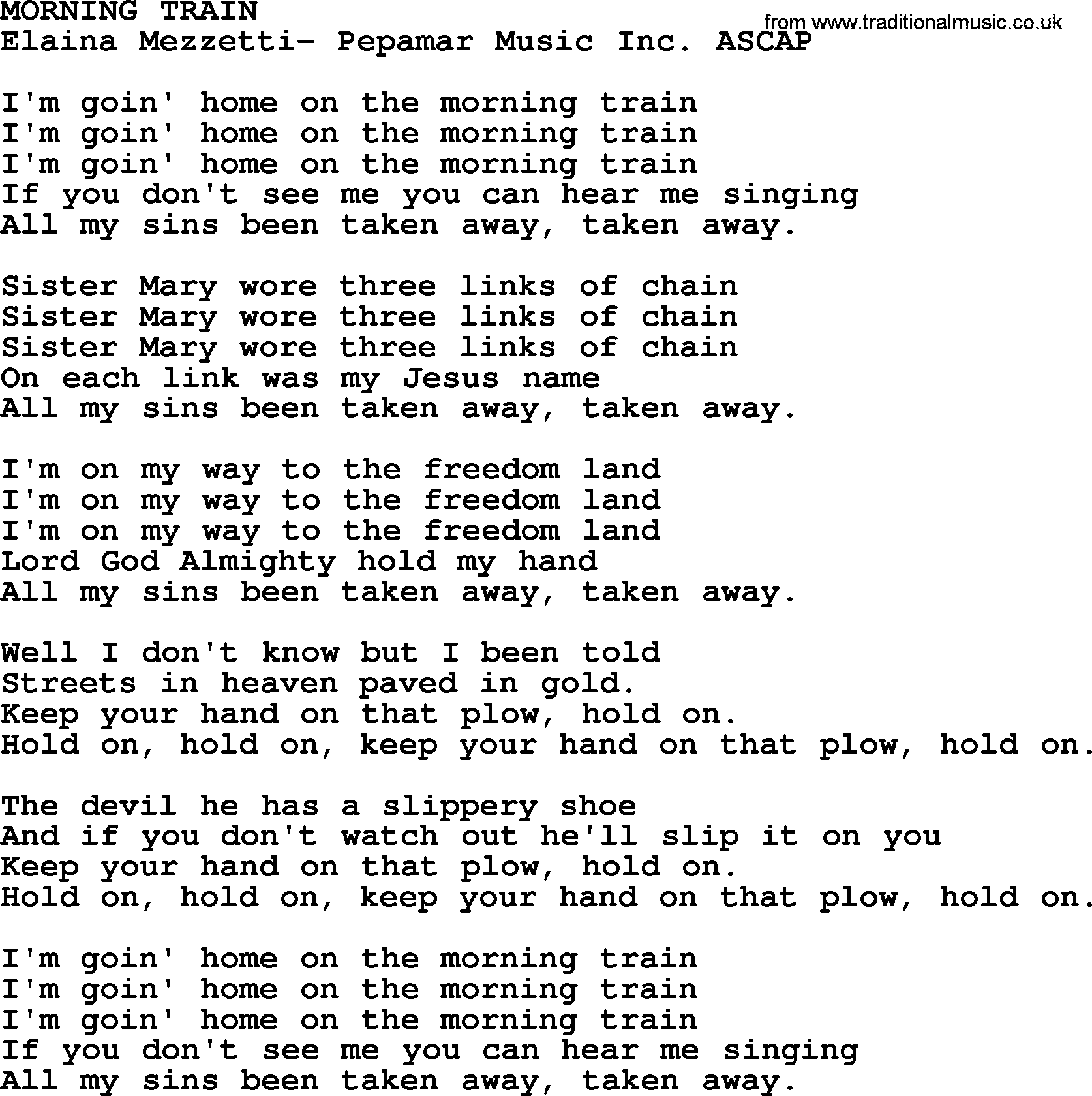 Peter, Paul and Mary song Morning Train lyrics