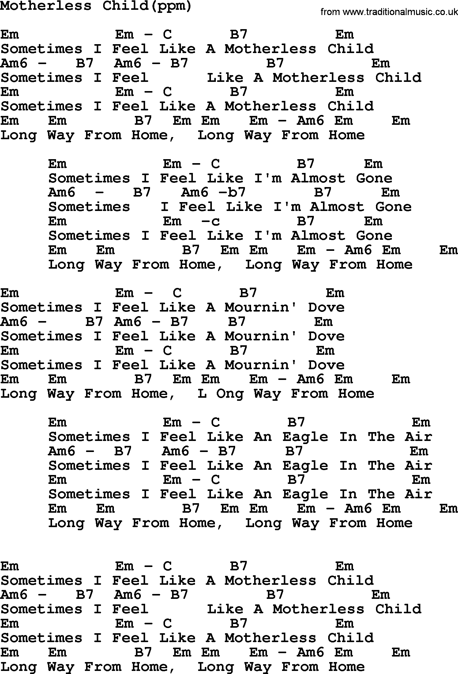 Peter, Paul and Mary song Motherless Child, lyrics and chords