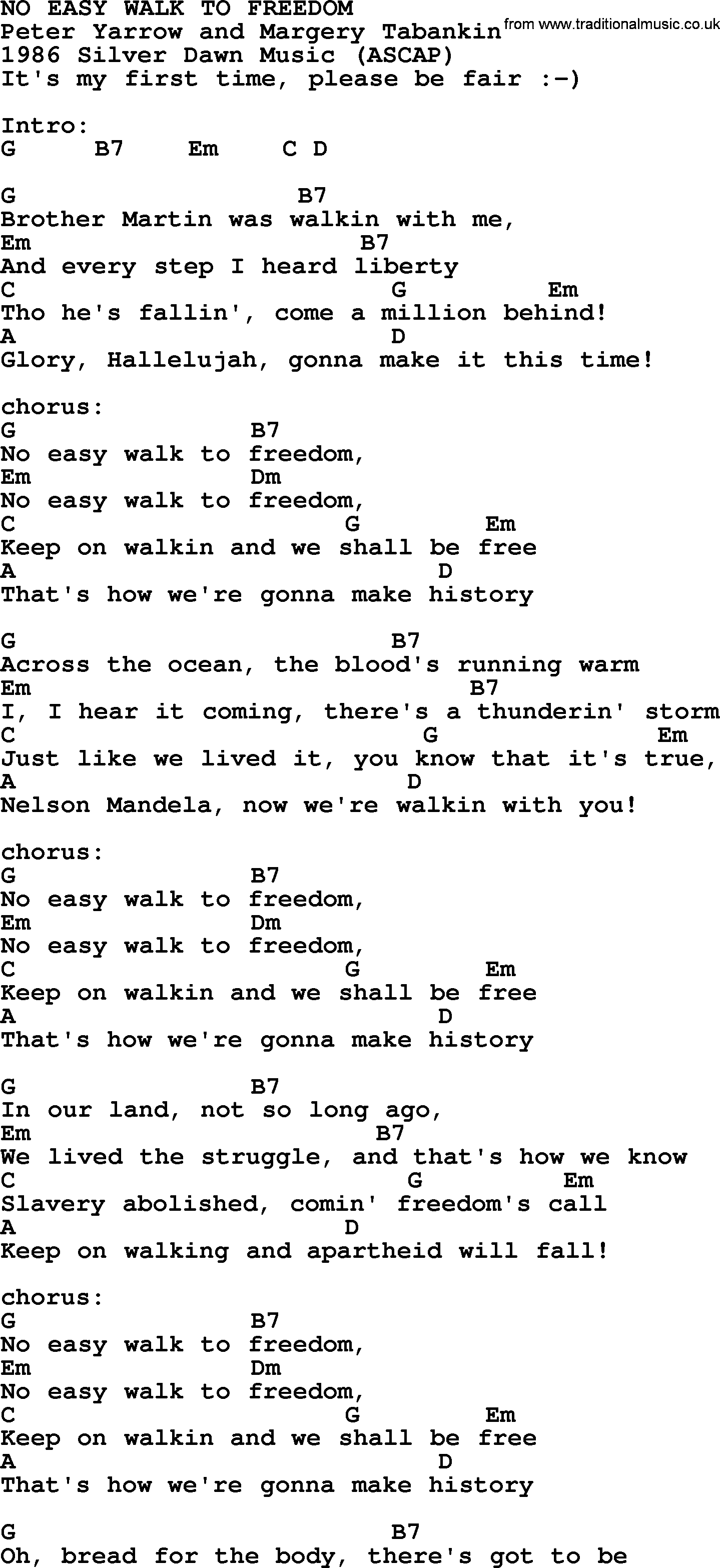 Peter, Paul and Mary song No Easy Walk To Freedom, lyrics and chords