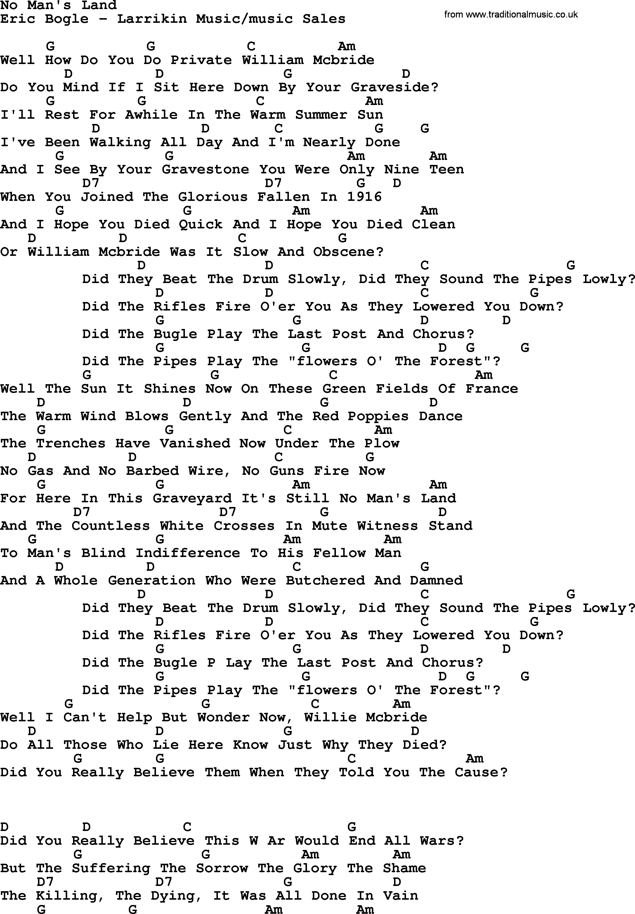 Peter, Paul and Mary song No Mans Land, lyrics and chords