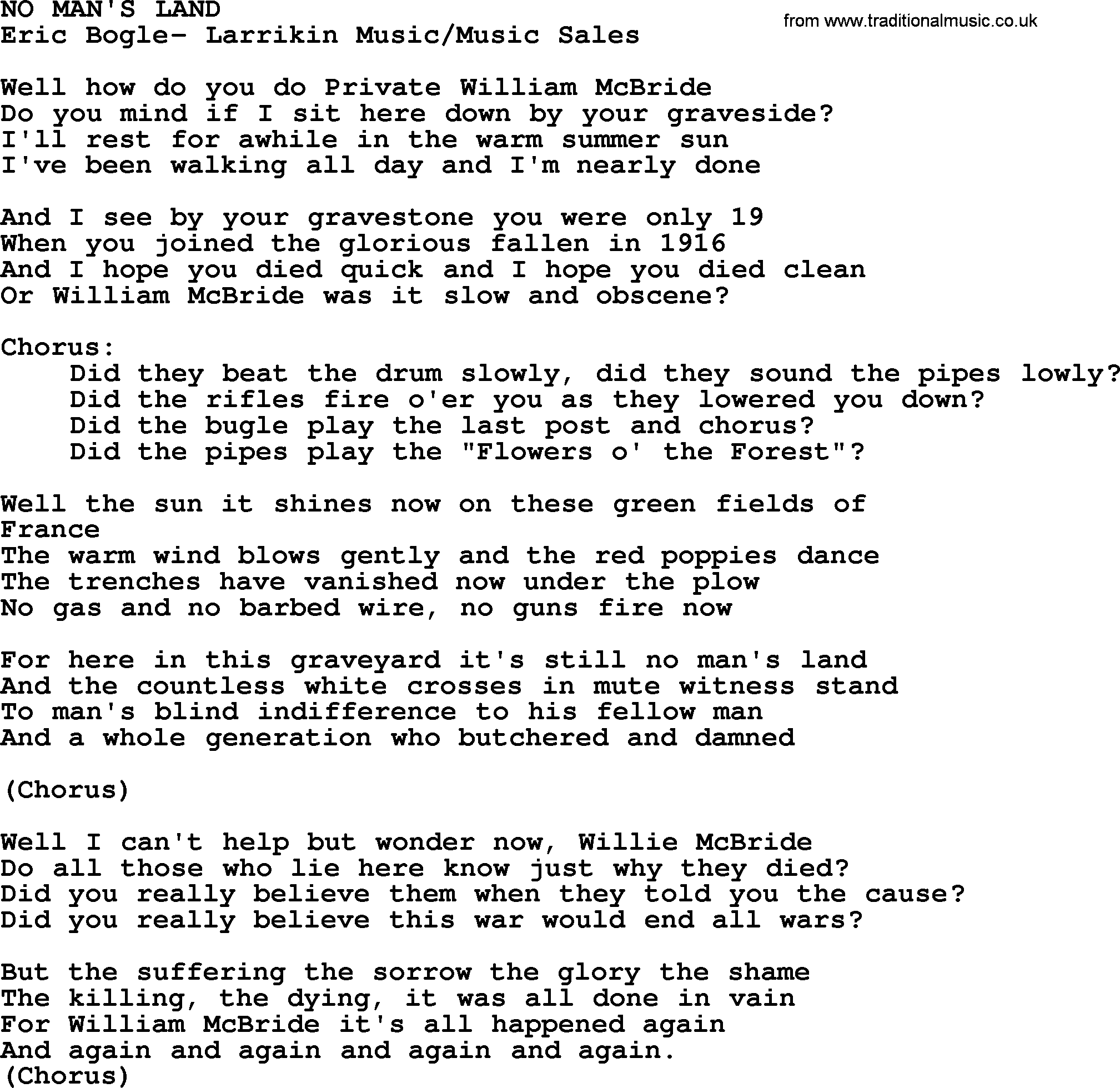 Peter, Paul and Mary song No Mans Land lyrics