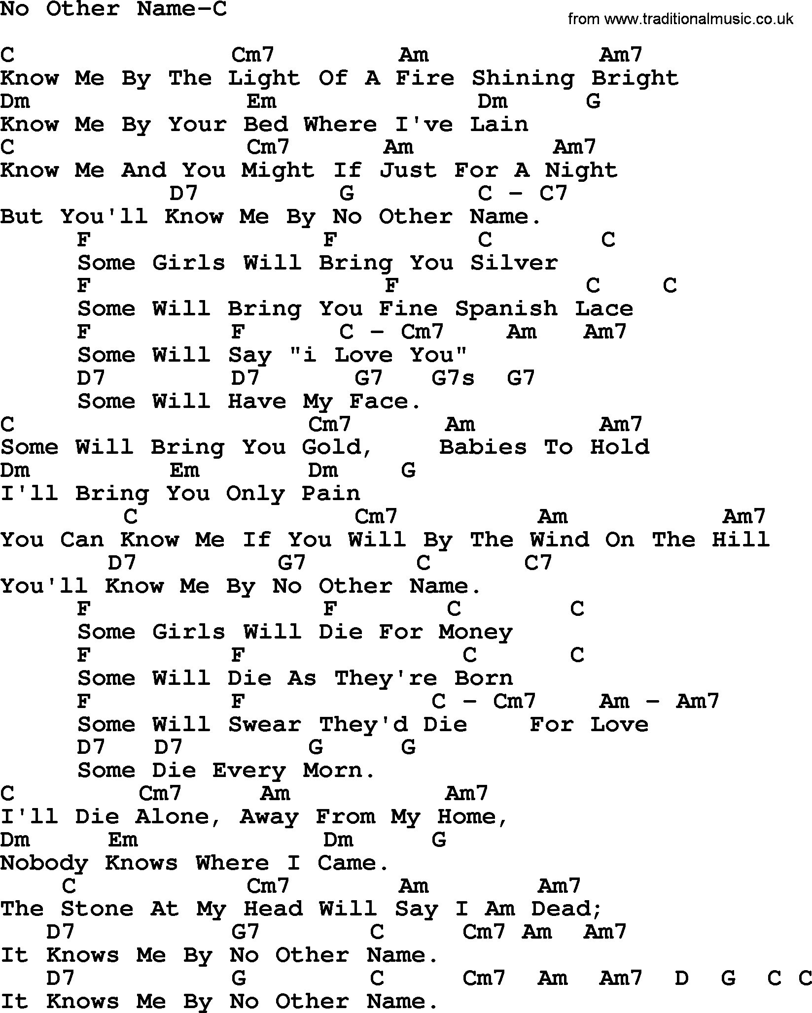 Peter, Paul and Mary song No Other Name C, lyrics and chords