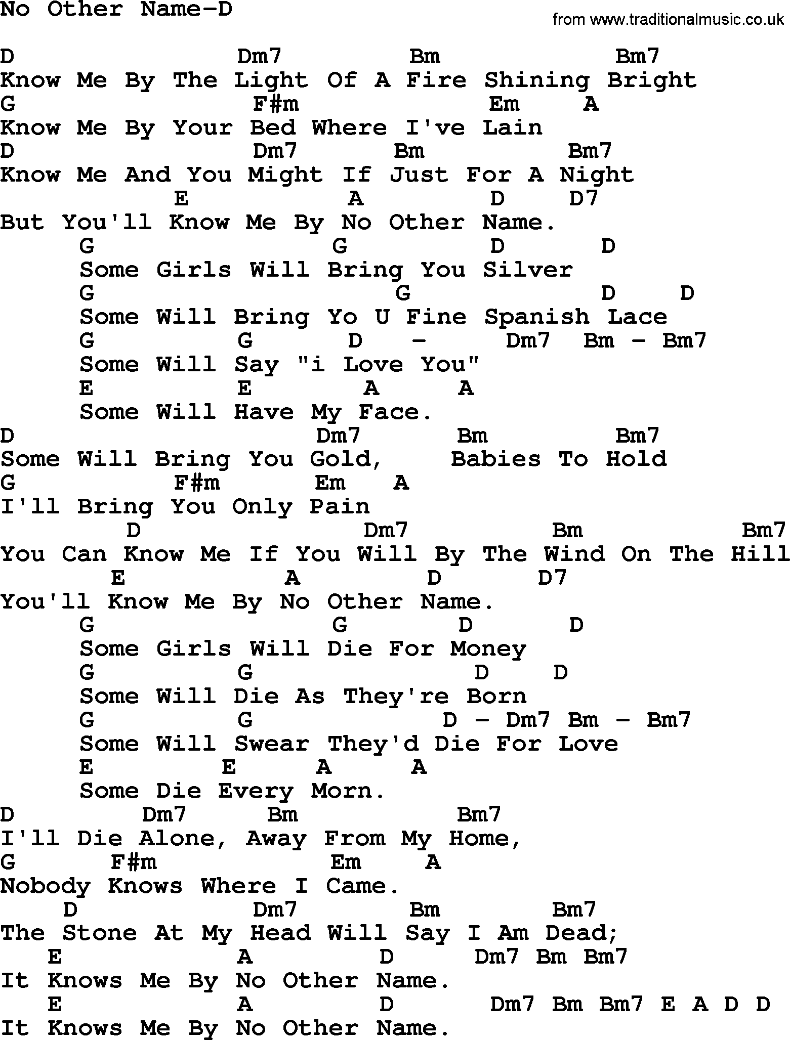 Peter, Paul and Mary song No Other Name D, lyrics and chords