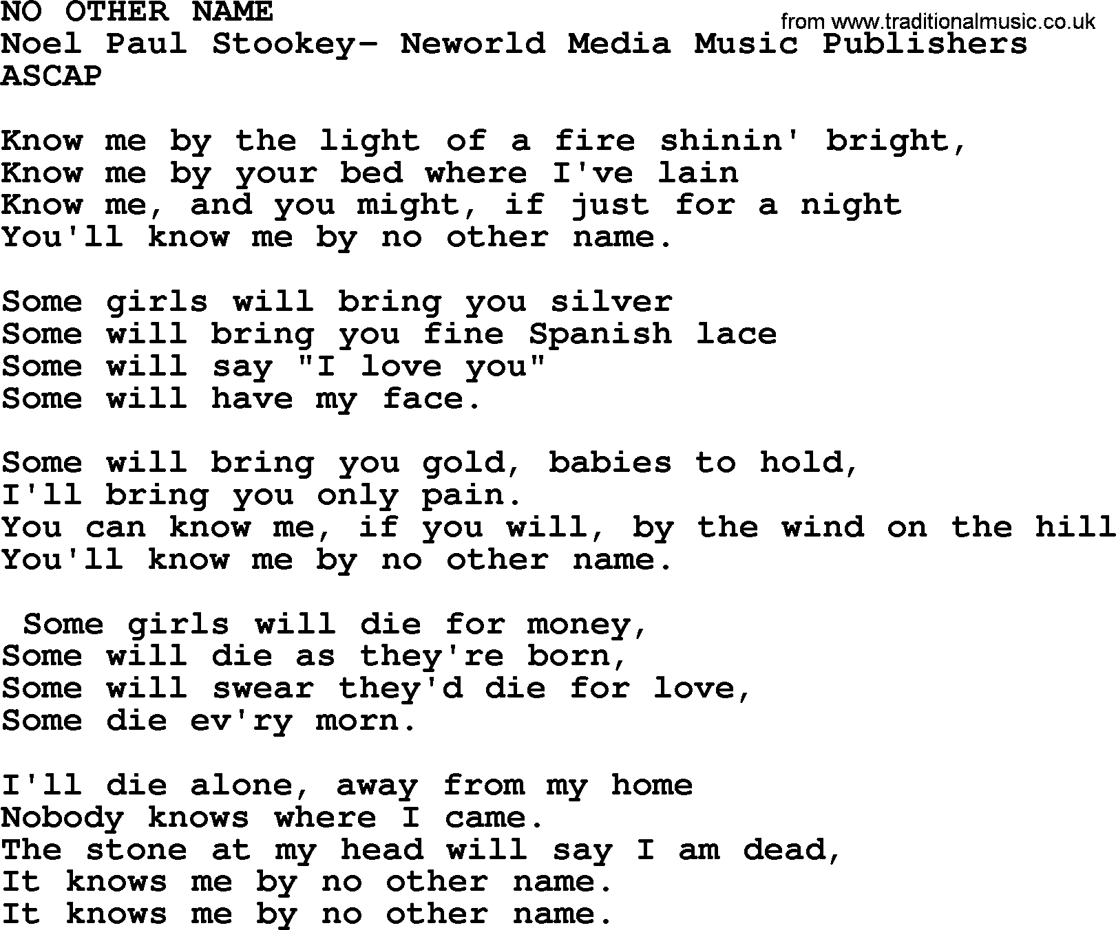 Peter, Paul and Mary song No Other Name lyrics