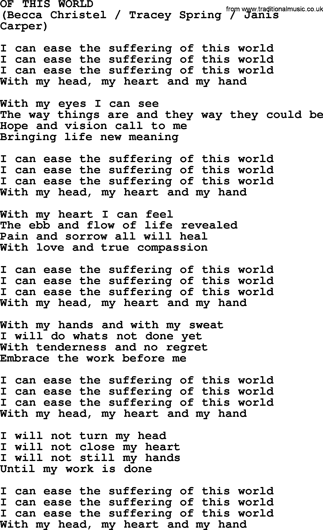Peter, Paul and Mary song Of This World lyrics