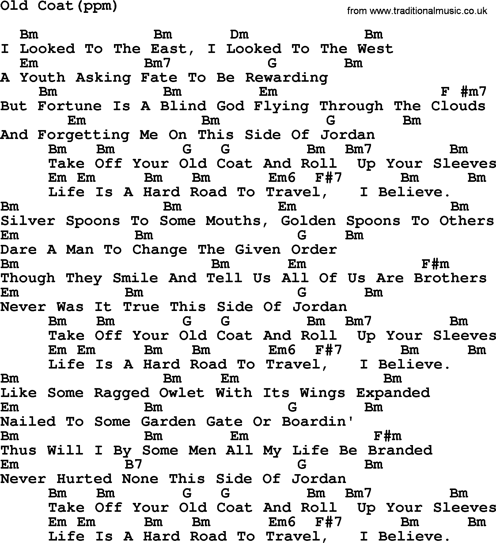 Peter, Paul and Mary song Old Coat, lyrics and chords