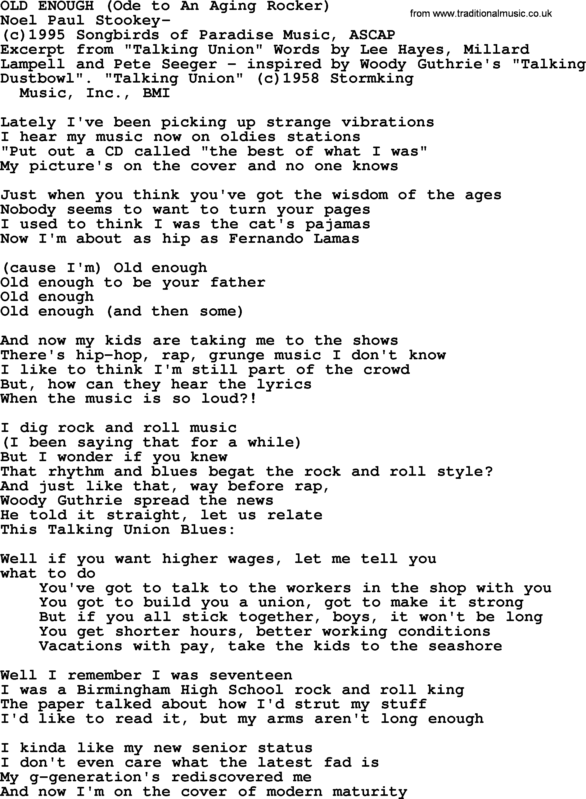 Peter, Paul and Mary song Old Enough (ode To An Aging Rocker) lyrics