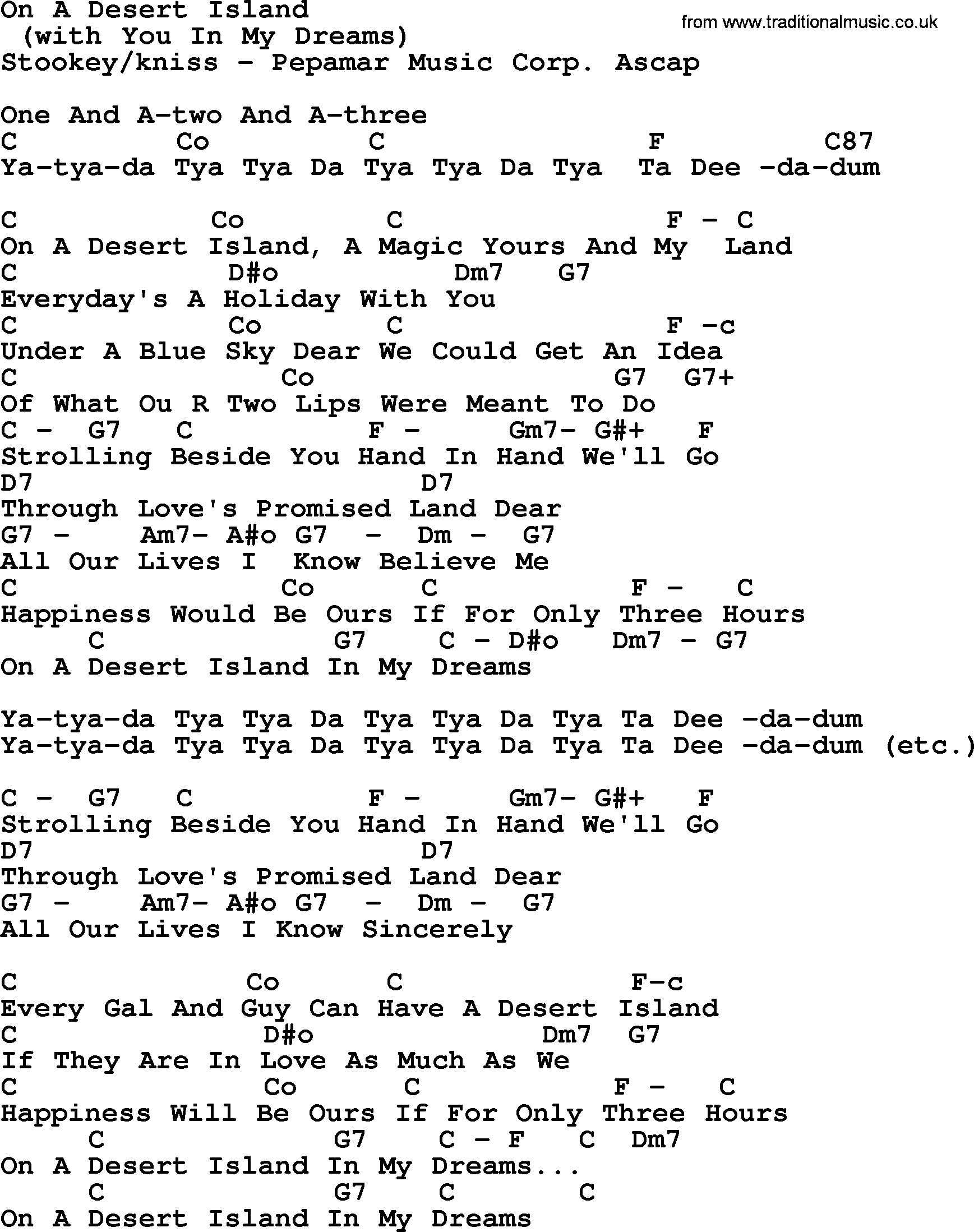 Peter, Paul and Mary song On A Desert Island, lyrics and chords