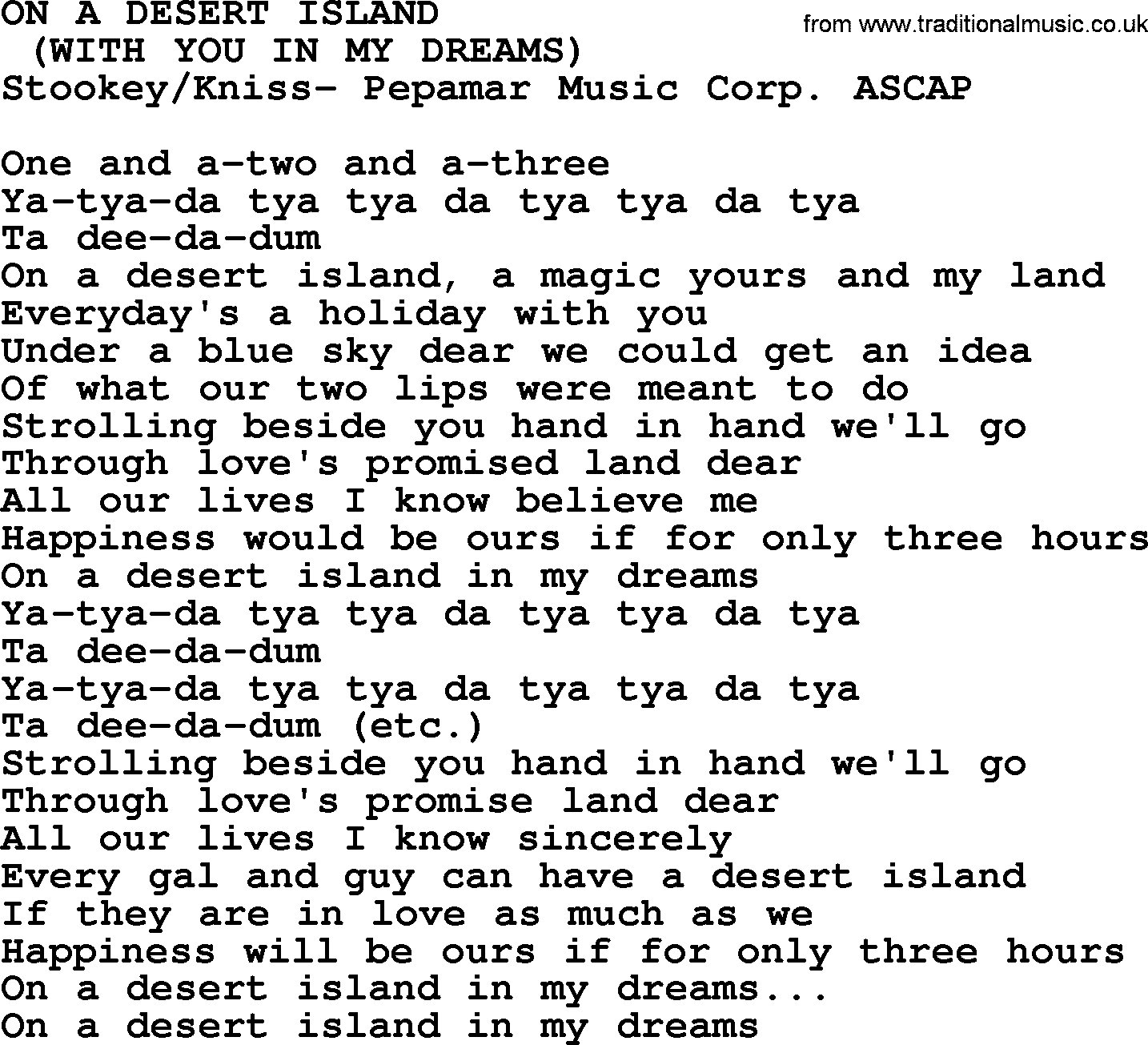 Peter, Paul and Mary song On A Desert Island lyrics