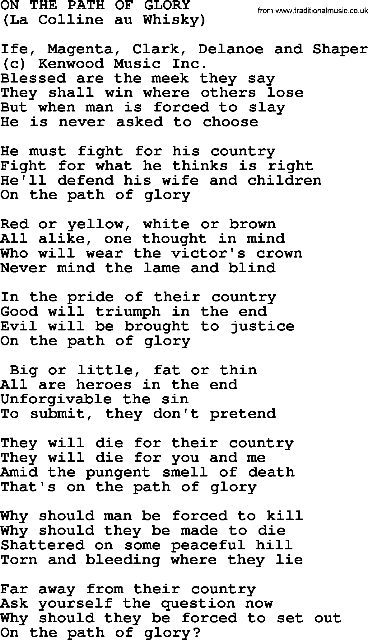 Peter, Paul and Mary song On The Path Of Glory lyrics
