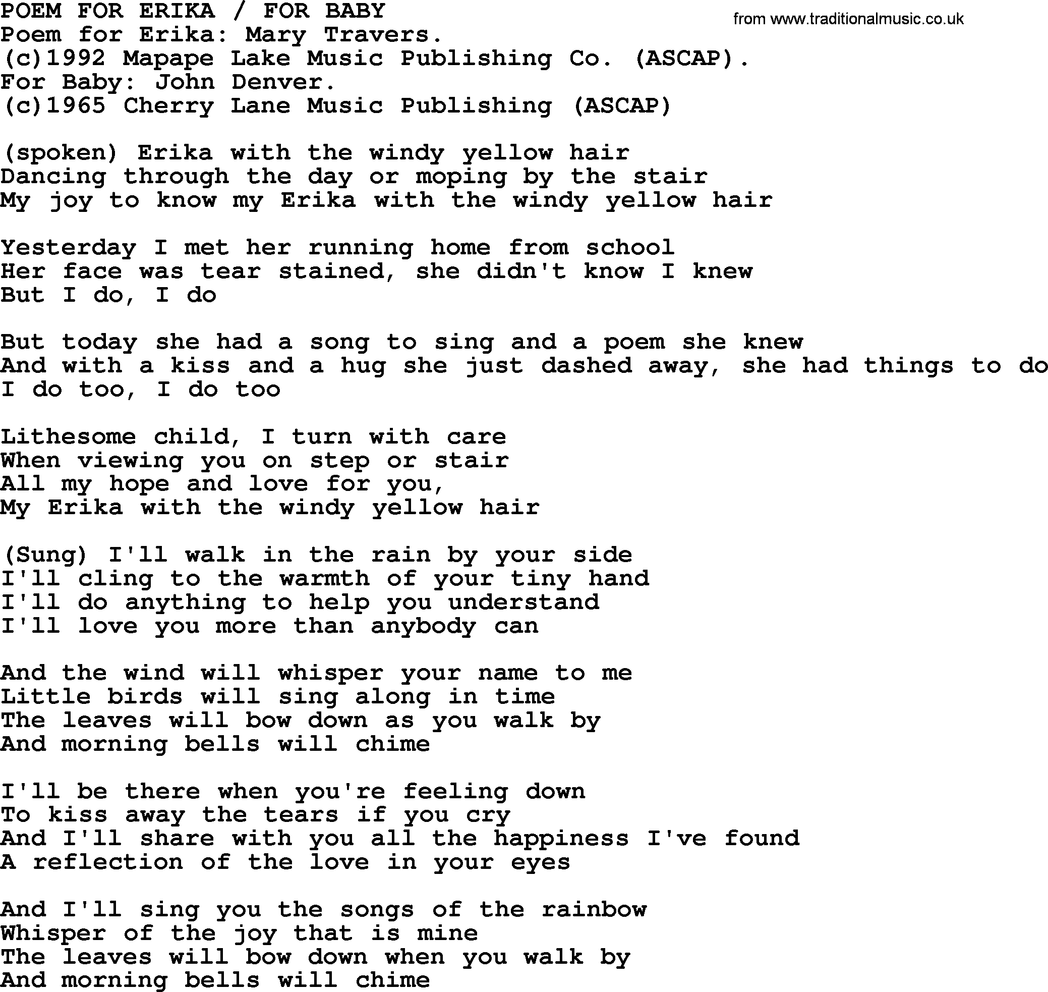 Peter, Paul and Mary song Poem For Erika For Baby lyrics