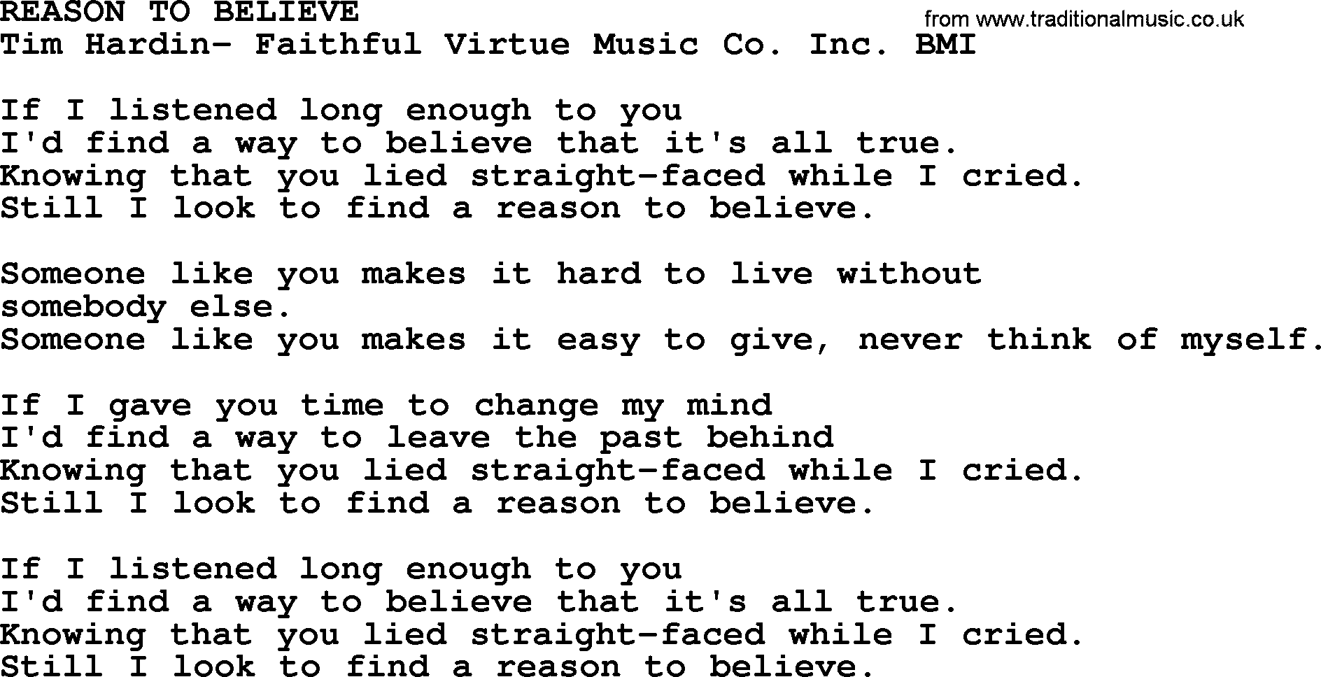 Peter, Paul and Mary song Reason To Believe lyrics