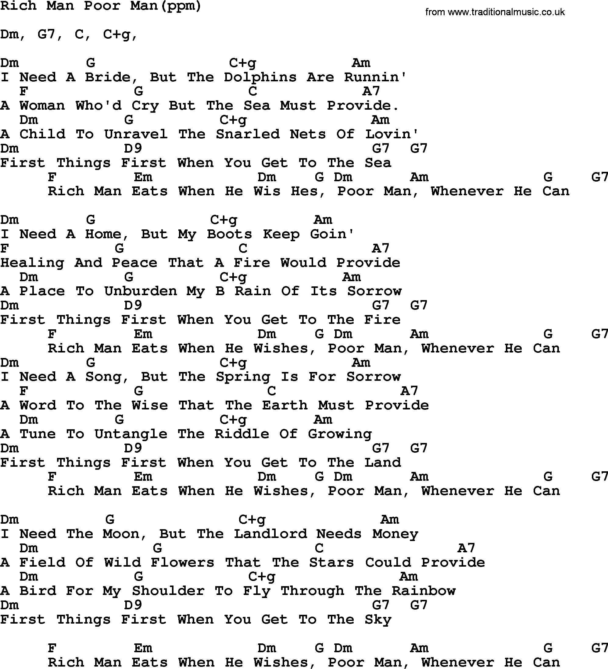 Peter, Paul and Mary song Rich Man Poor Man, lyrics and chords