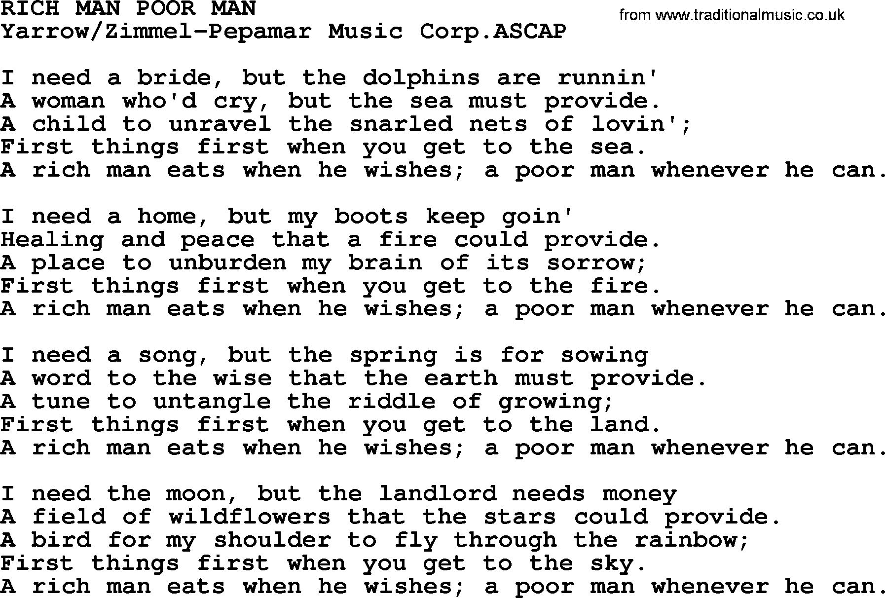 Peter, Paul and Mary song Rich Man Poor Man lyrics