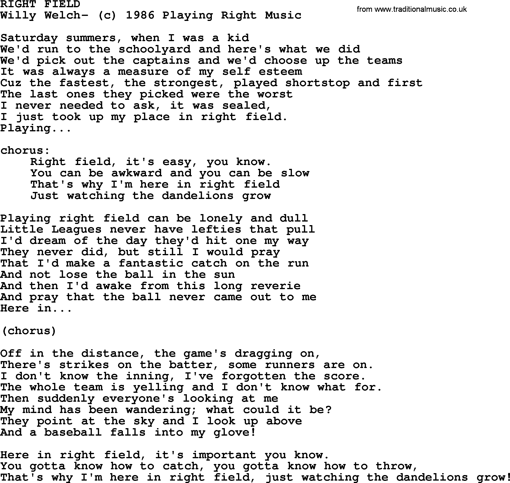 Peter, Paul and Mary song Right Field lyrics