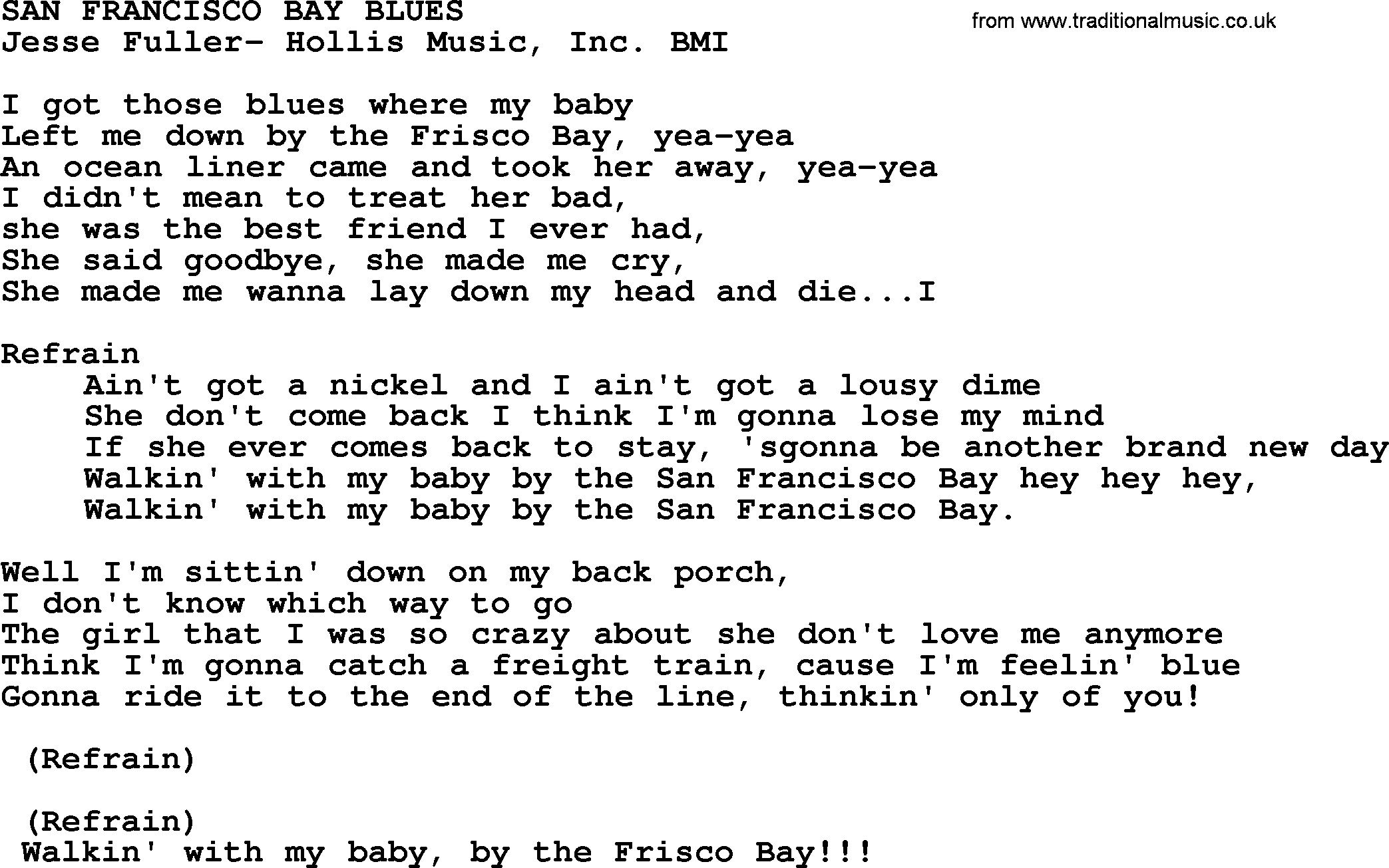 Peter, Paul and Mary song San Francisco Bay Blues lyrics