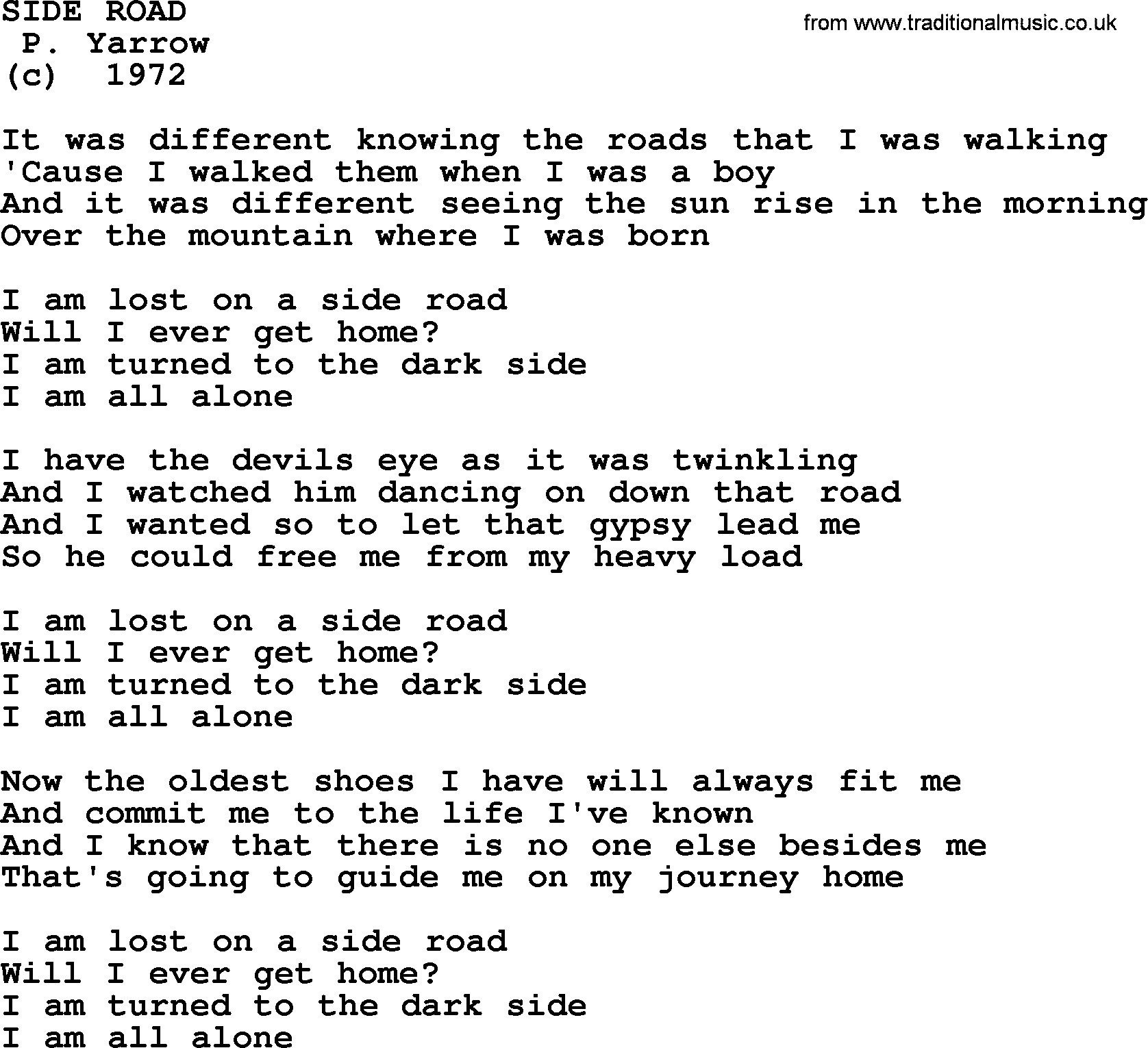 Peter, Paul and Mary song Side Road lyrics