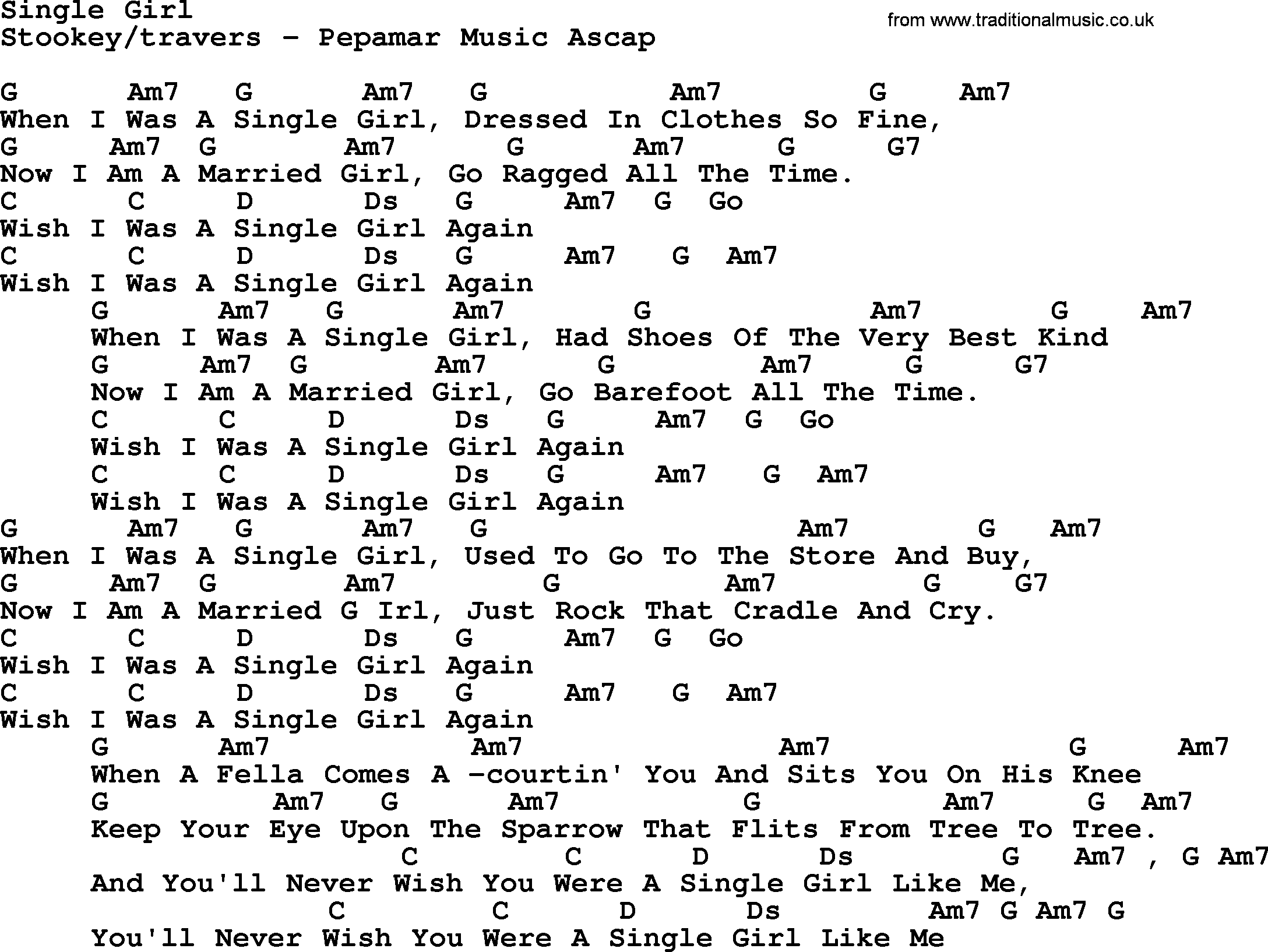 Peter, Paul and Mary song Single Girl, lyrics and chords