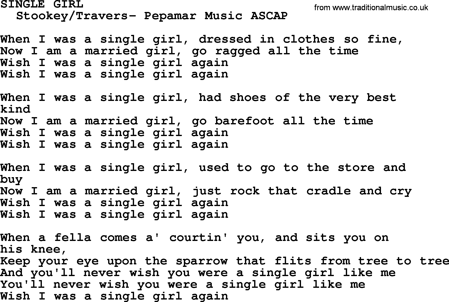 Peter, Paul and Mary song Single Girl lyrics