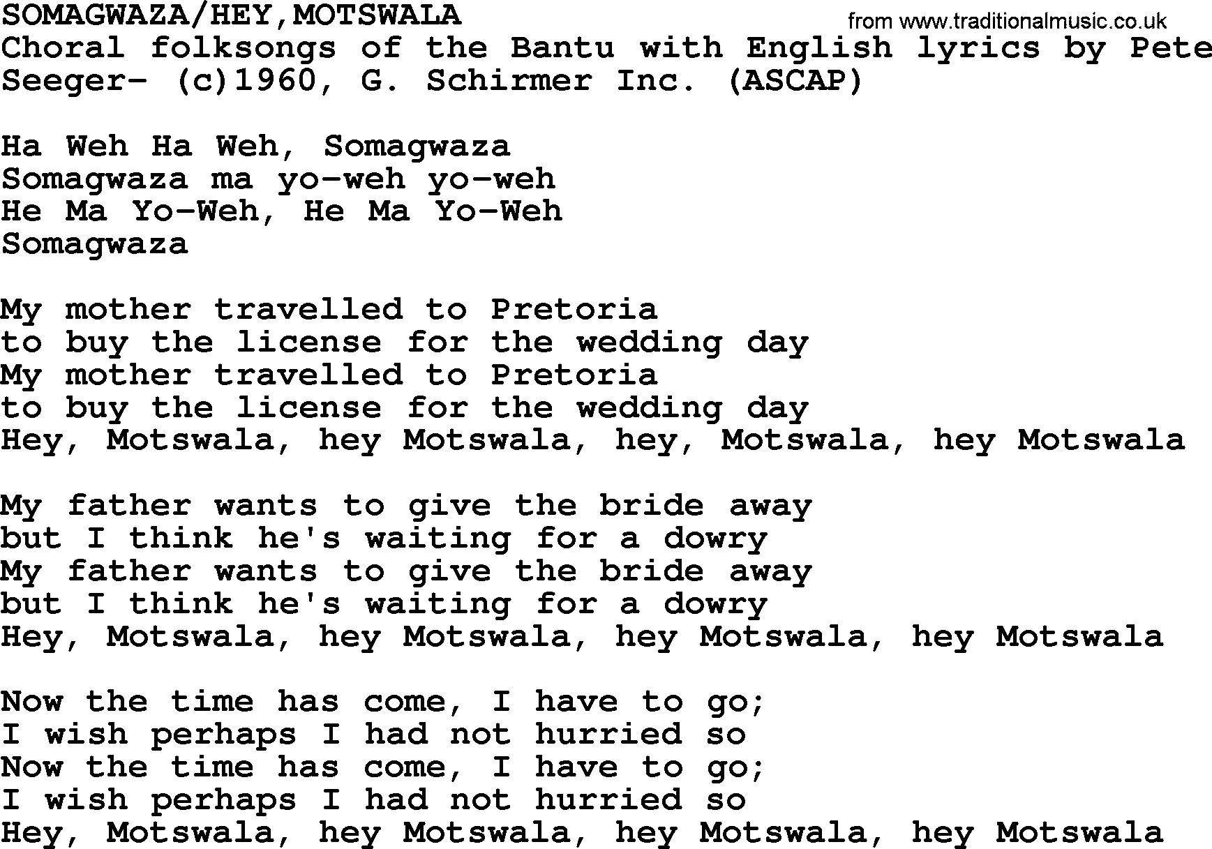 Peter, Paul and Mary song Somagwazahey,motswala lyrics