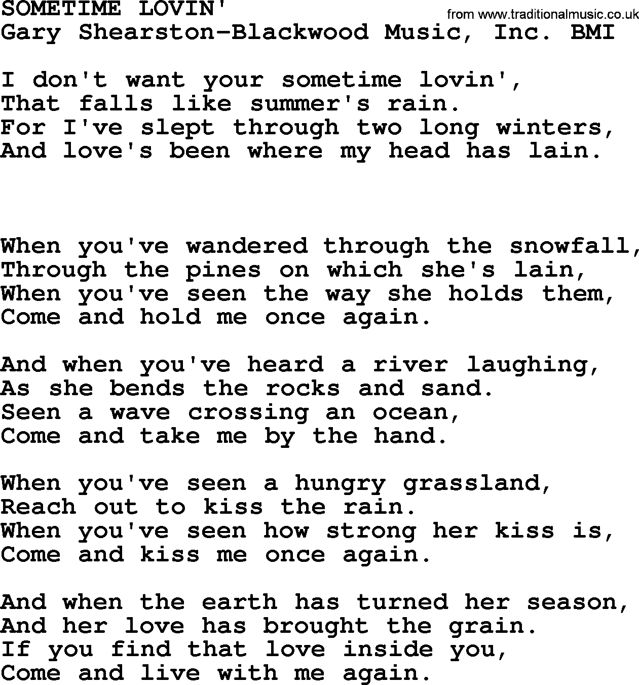 Peter, Paul and Mary song Sometime Lovin lyrics
