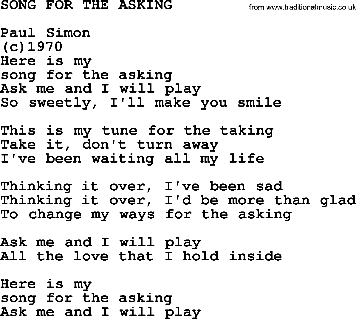 Peter, Paul and Mary song Song For The Asking lyrics