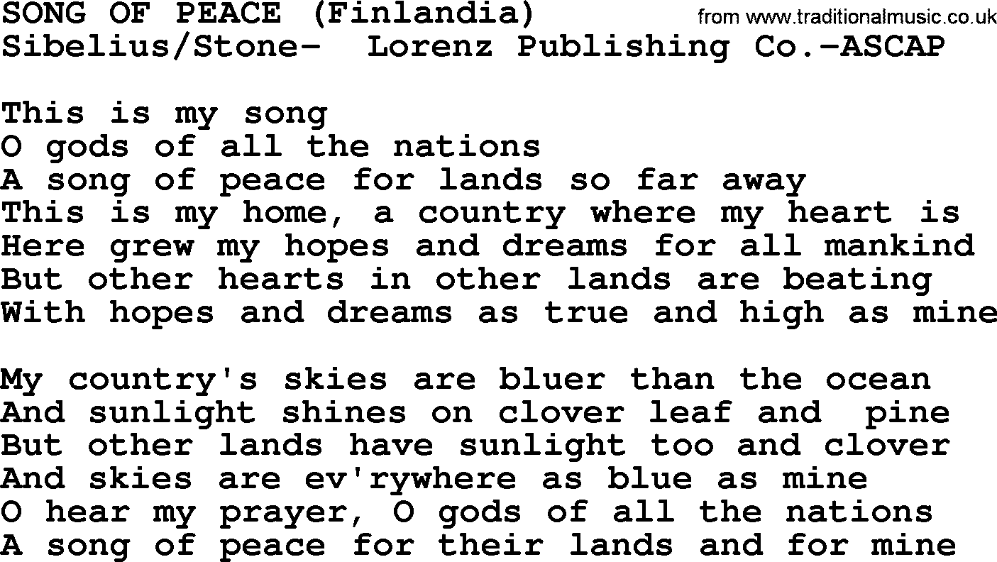 Peter, Paul and Mary song Song Of Peace (finlandia) lyrics