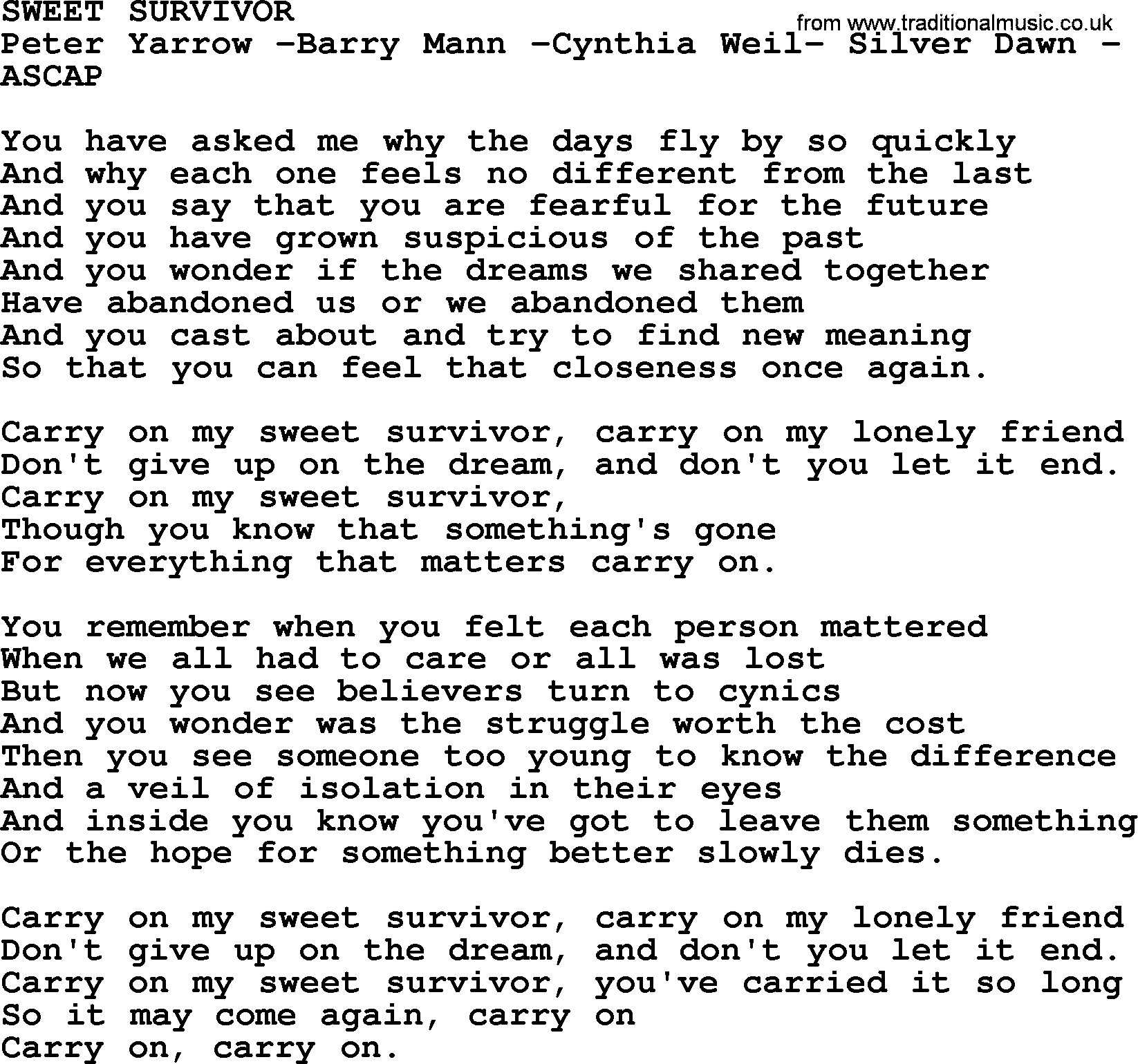 Peter, Paul and Mary song Sweet Survivor lyrics