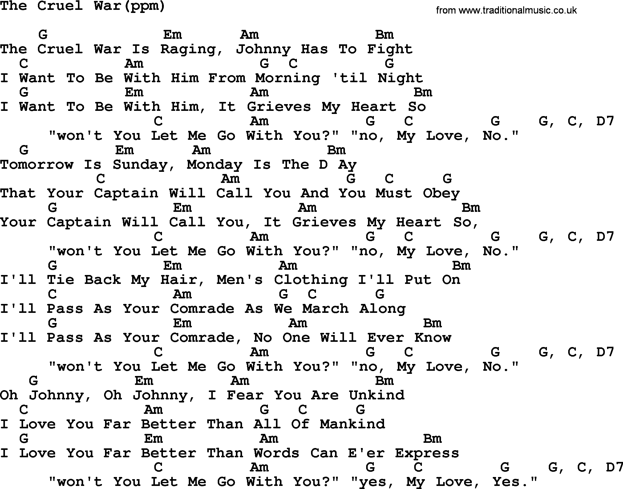 Peter, Paul and Mary song The Cruel War, lyrics and chords