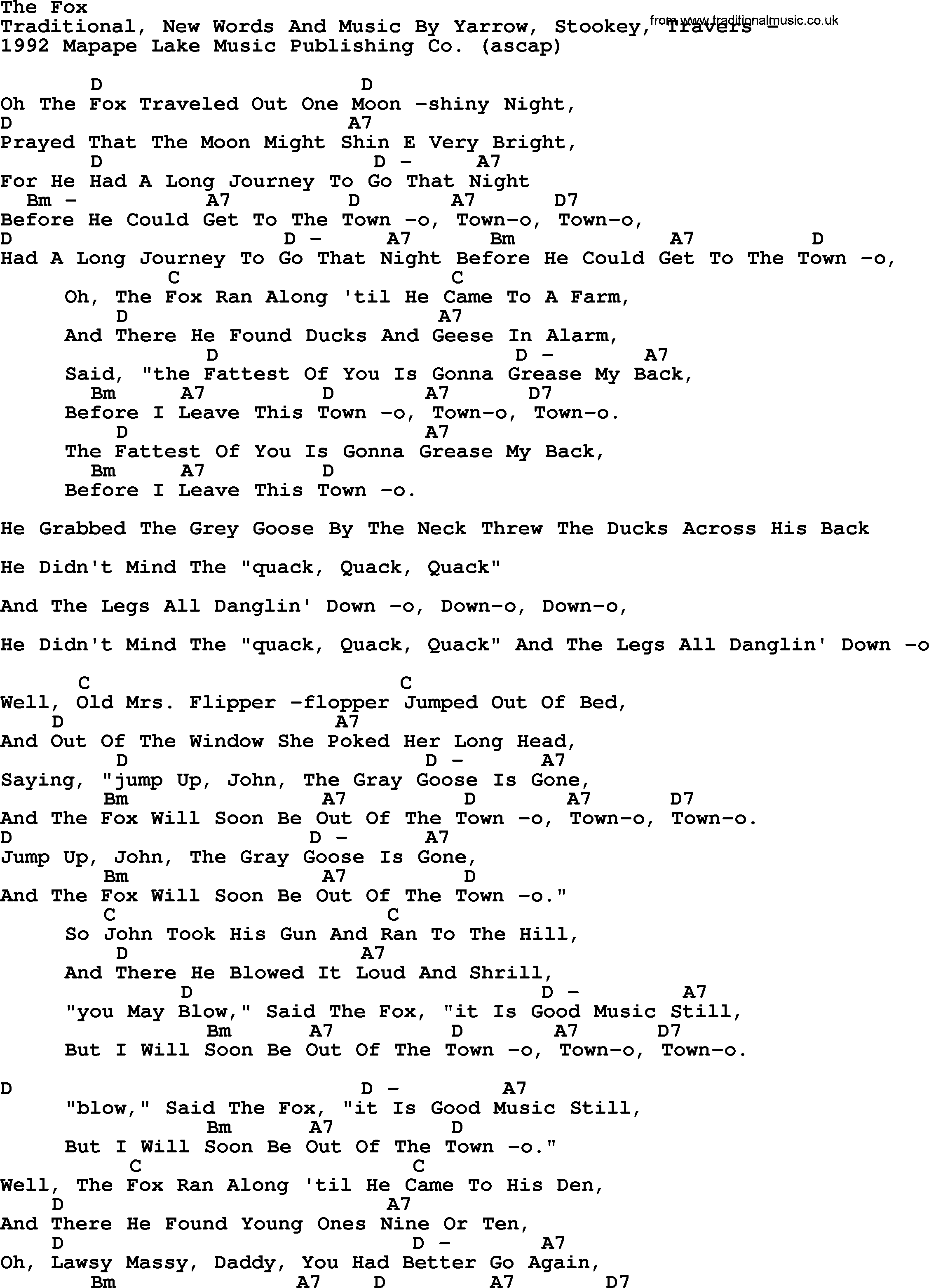 Peter, Paul and Mary song The Fox, lyrics and chords
