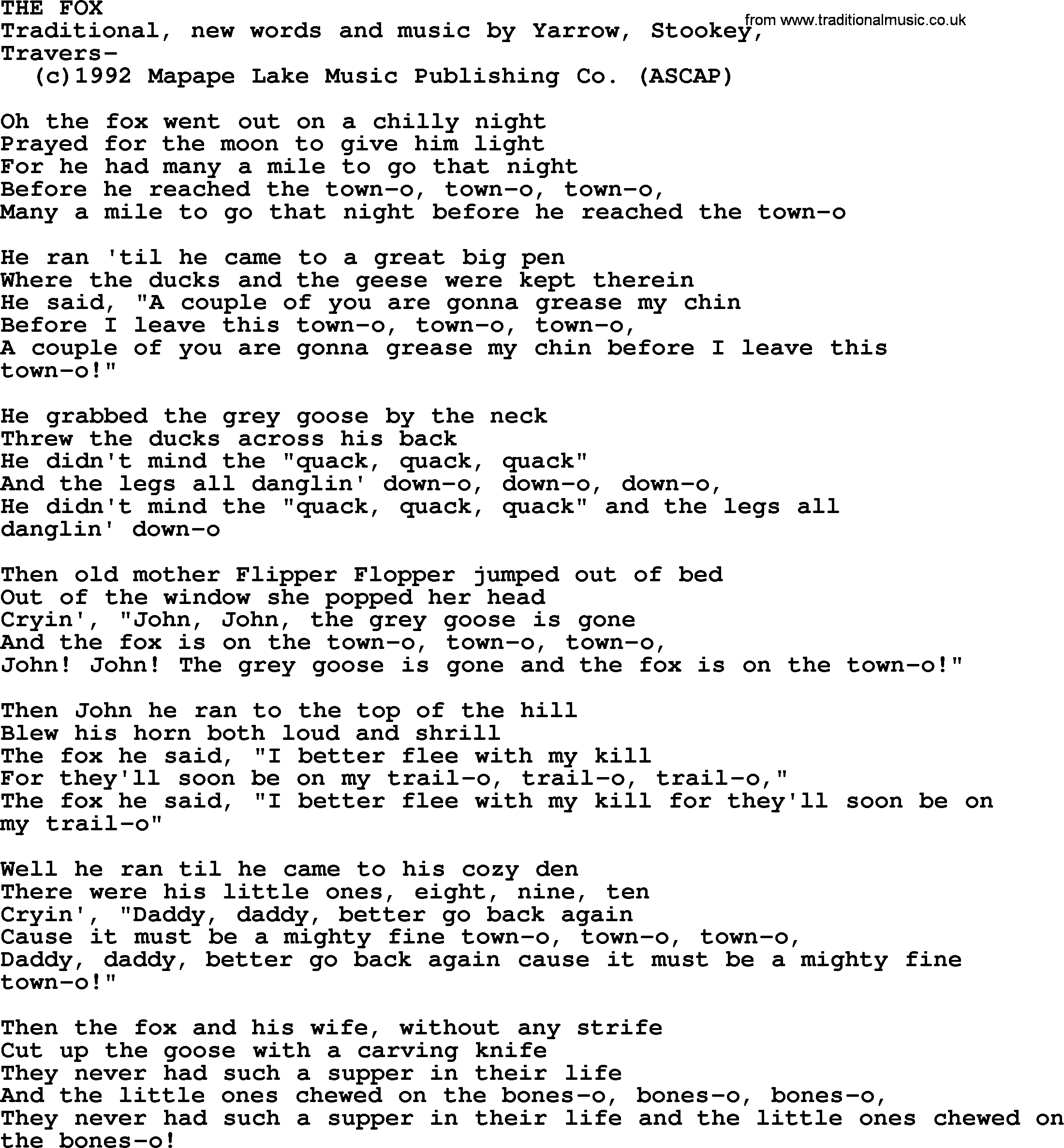 Peter, Paul and Mary song The Fox lyrics