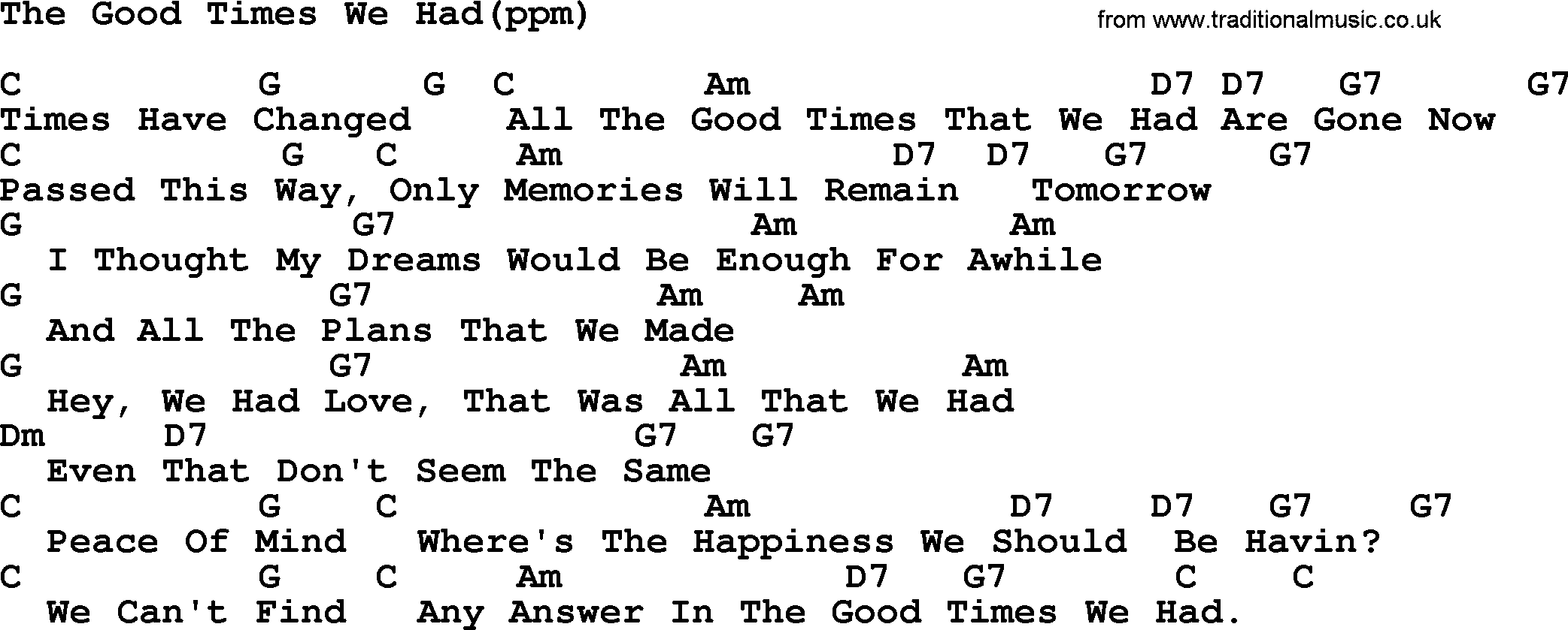 Peter, Paul and Mary song The Good Times We Had, lyrics and chords