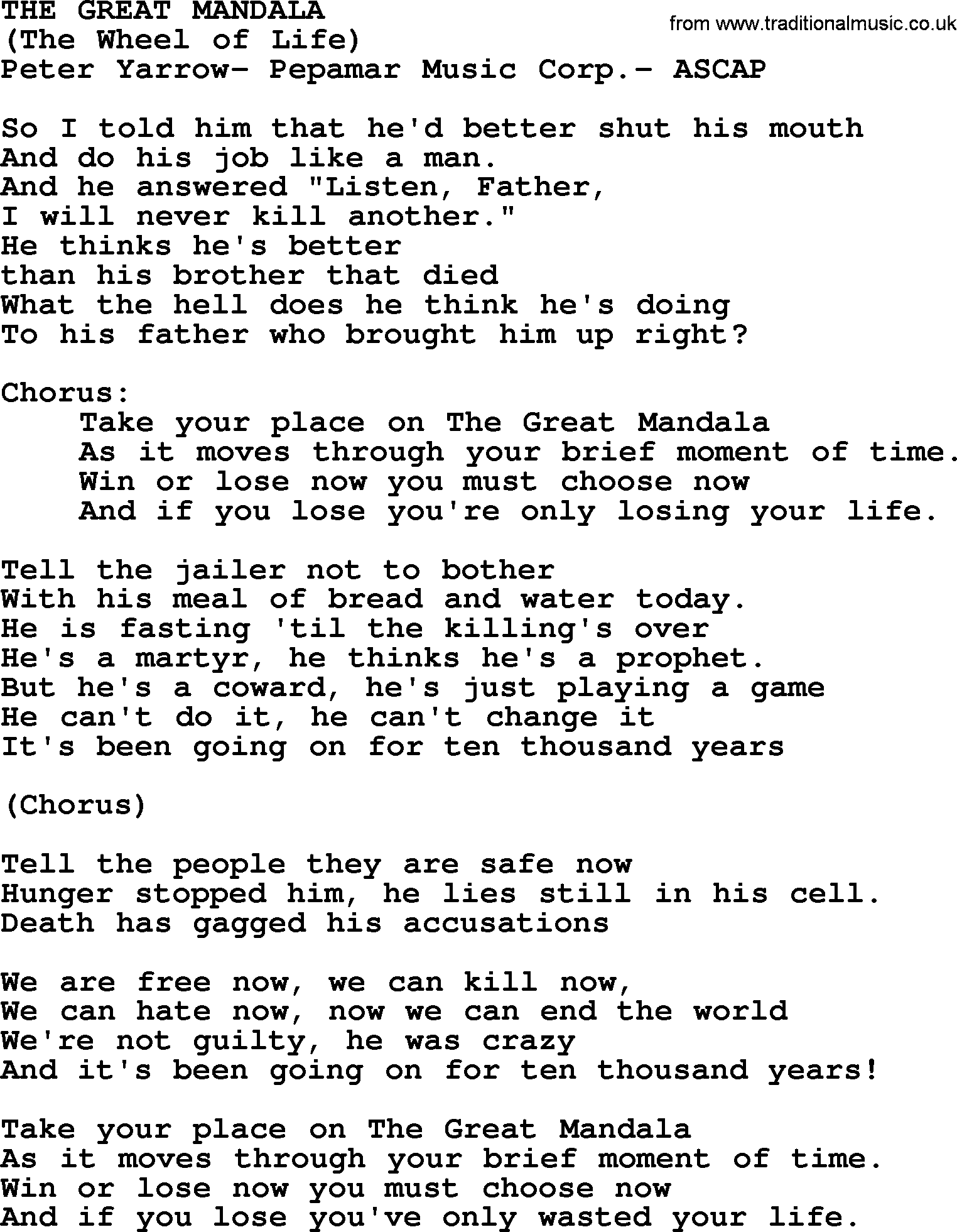 Peter, Paul and Mary song The Great Mandala lyrics
