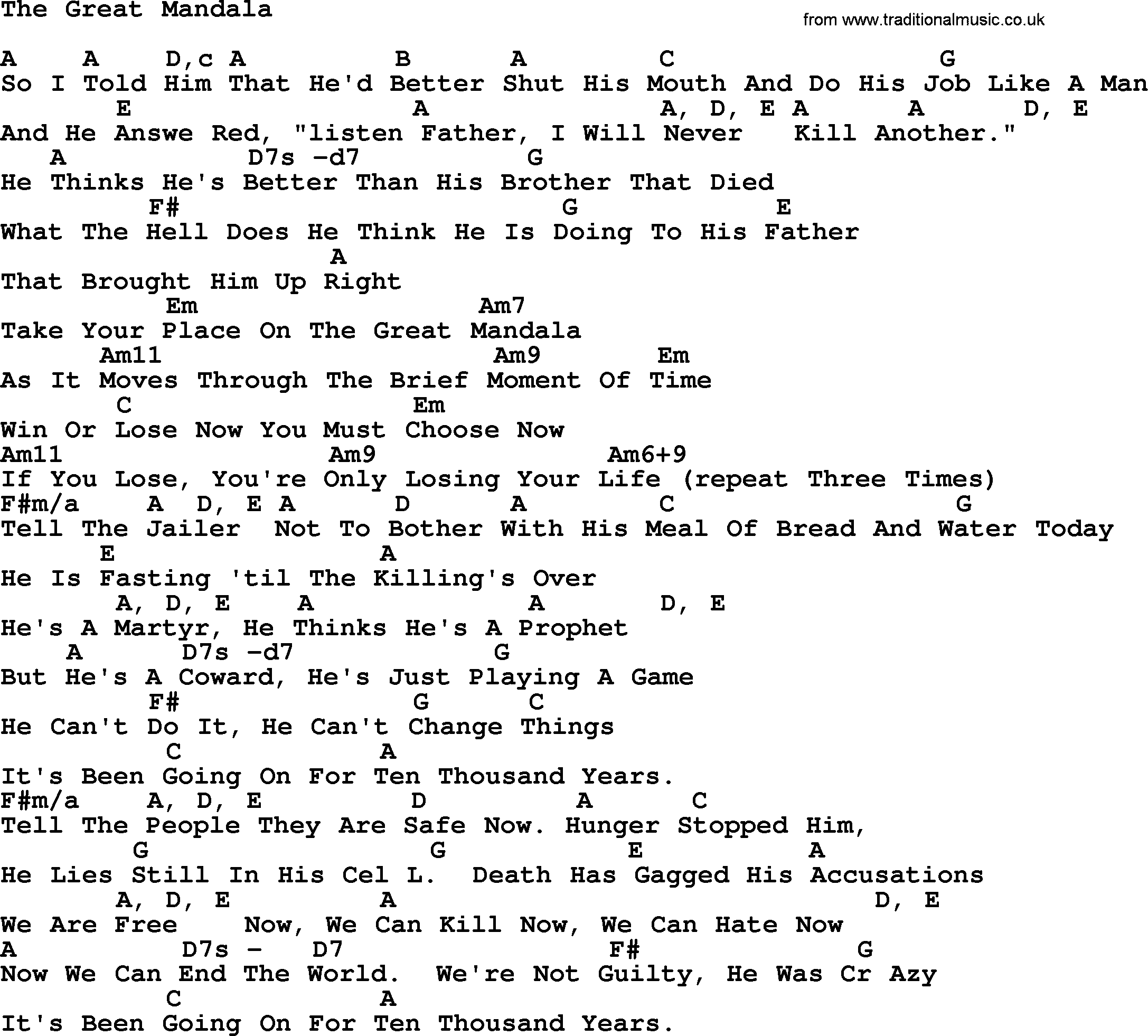 Peter, Paul and Mary song The Great Mandalla, lyrics and chords