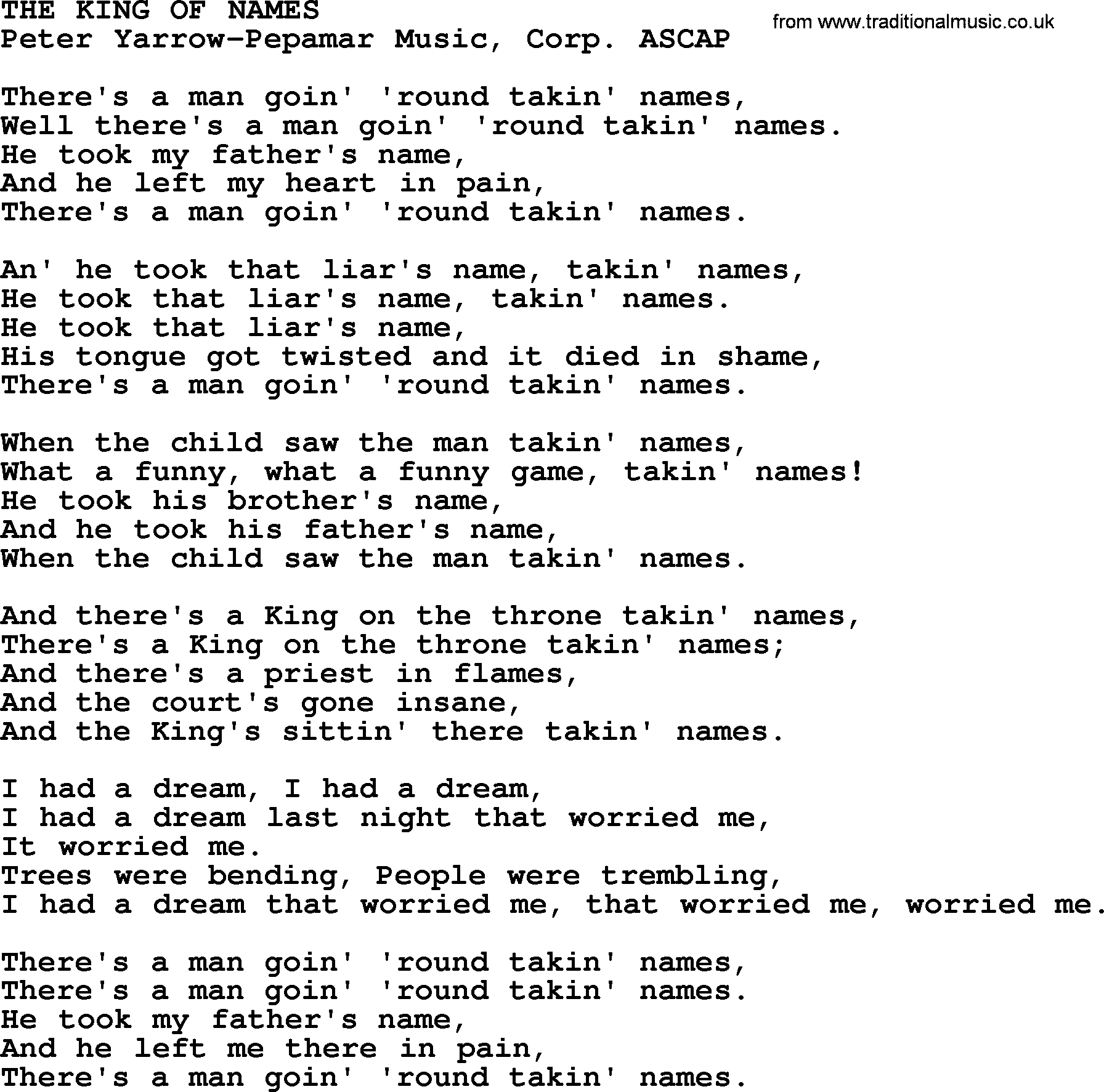 Peter, Paul and Mary song The King Of Names lyrics