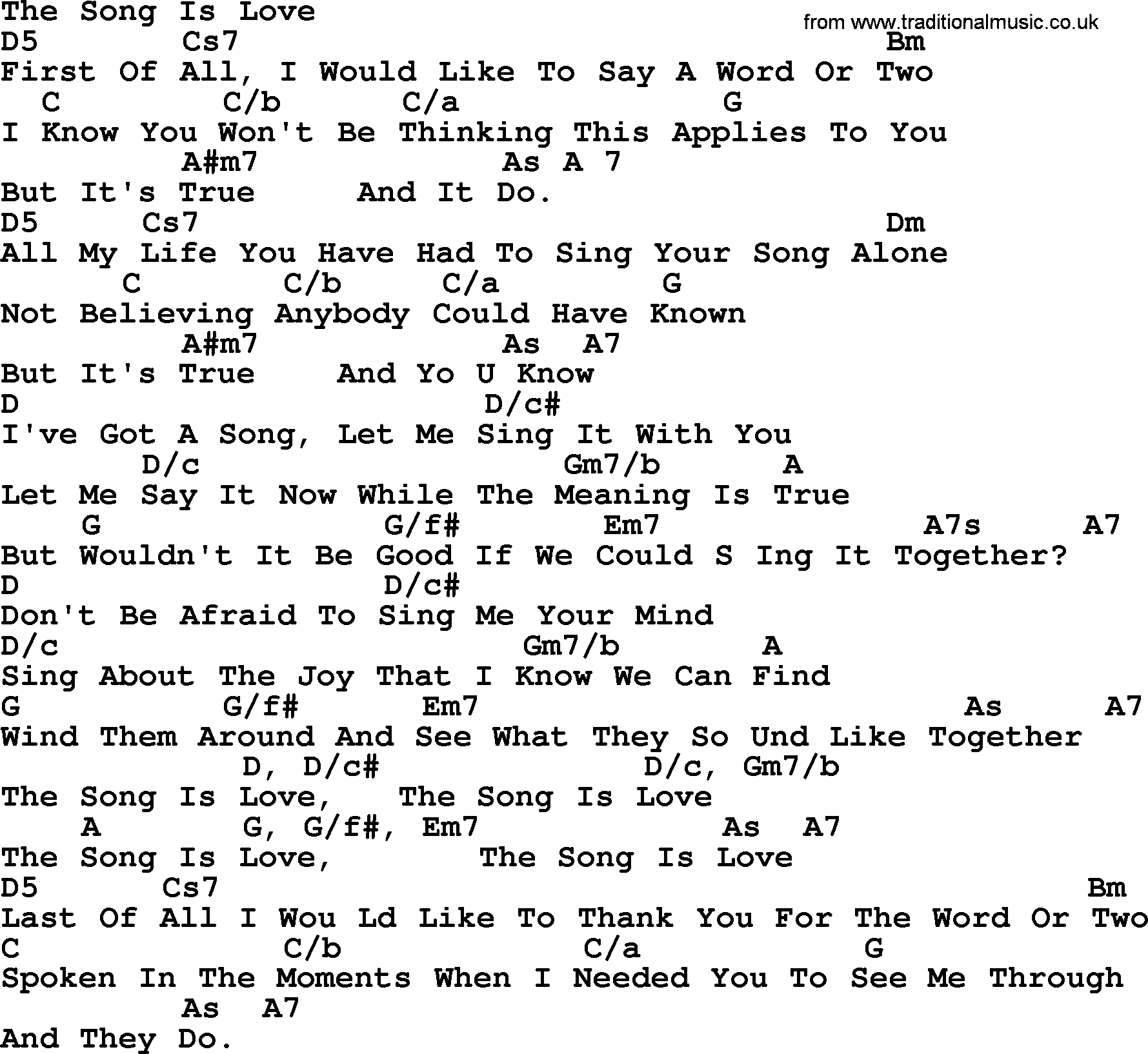 Peter, Paul and Mary song The Song Is Love, lyrics and chords