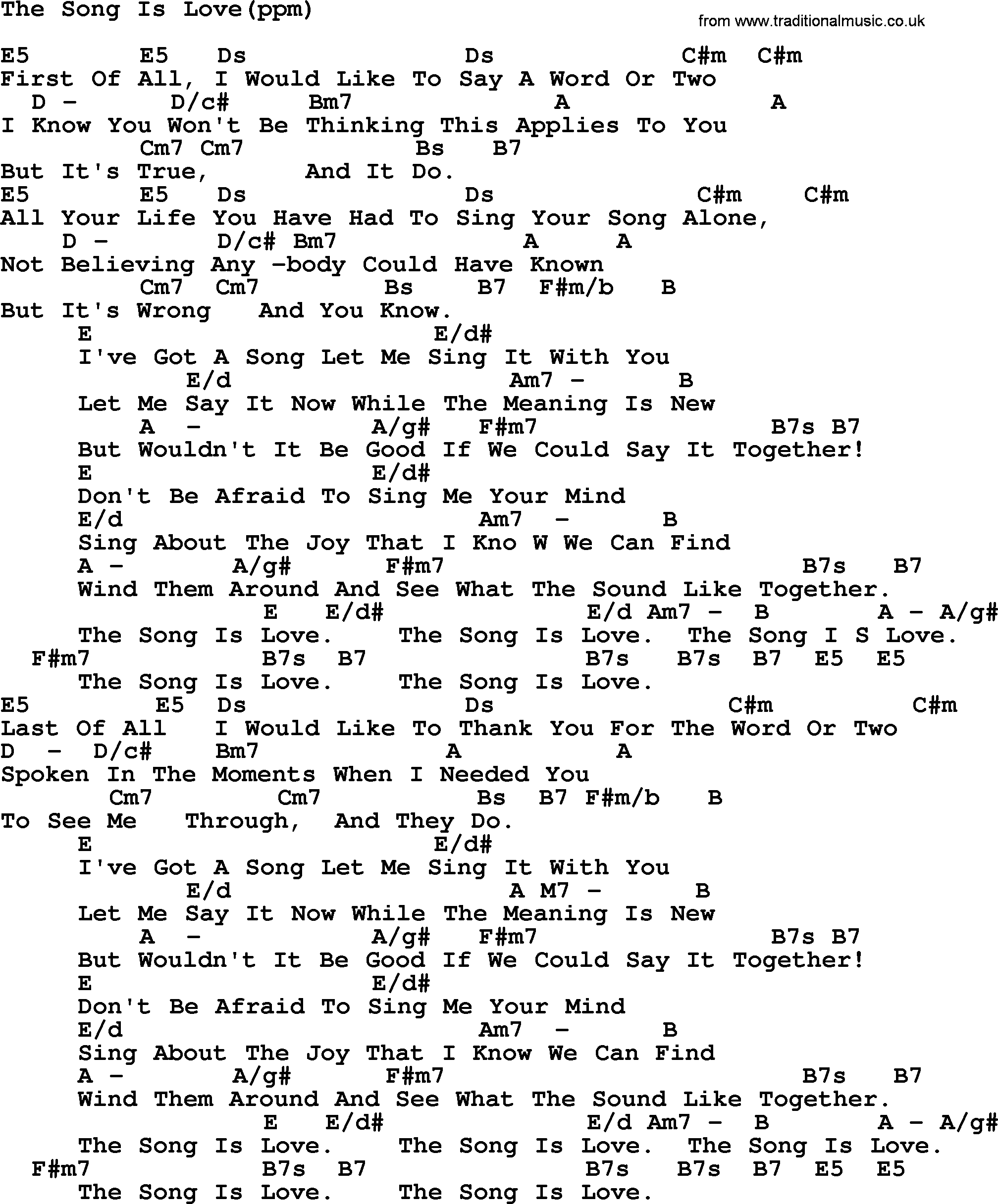 Peter, Paul and Mary song The Song Is Love E, lyrics and chords