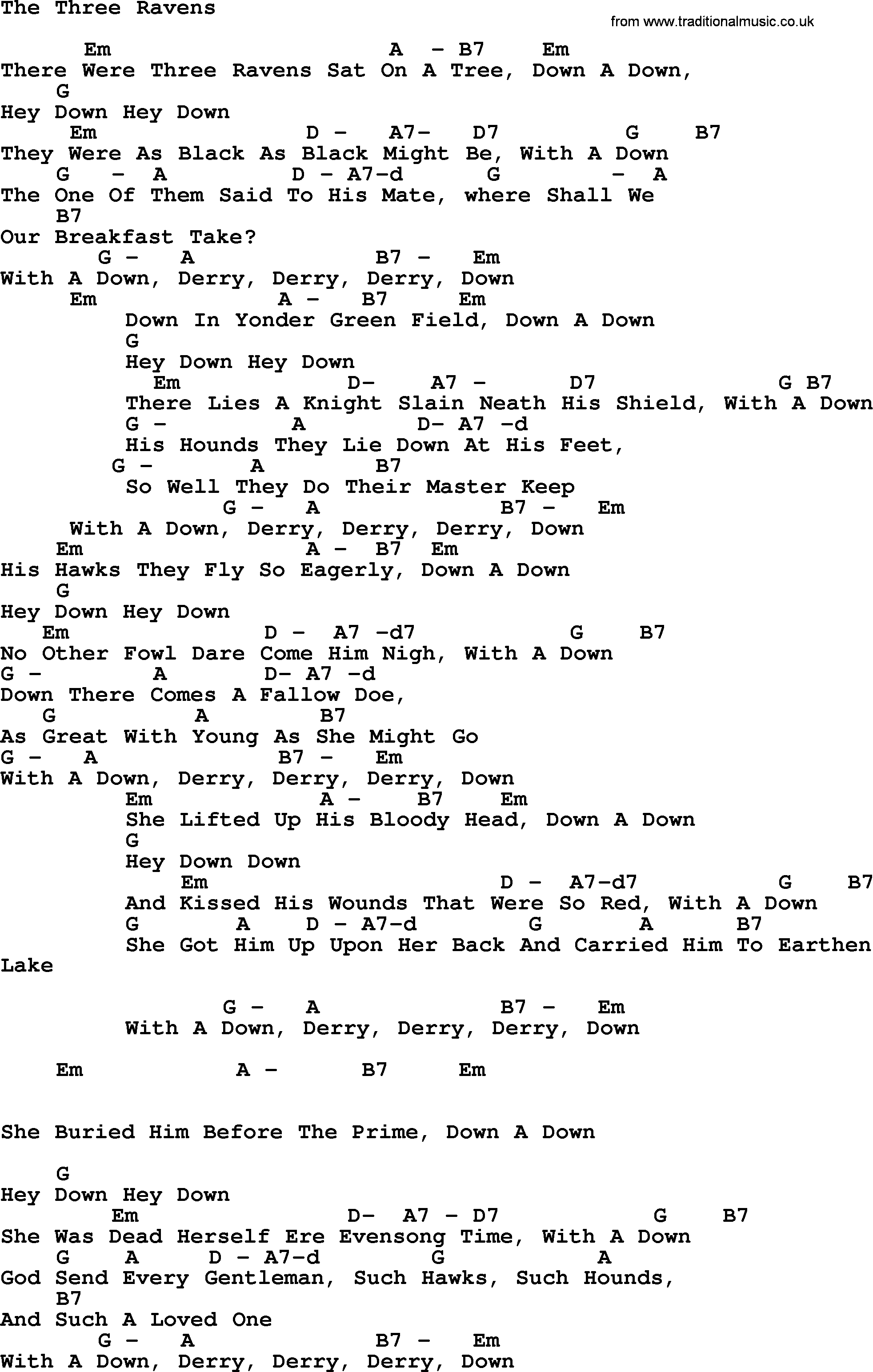 Peter, Paul and Mary song The Three Ravens, lyrics and chords