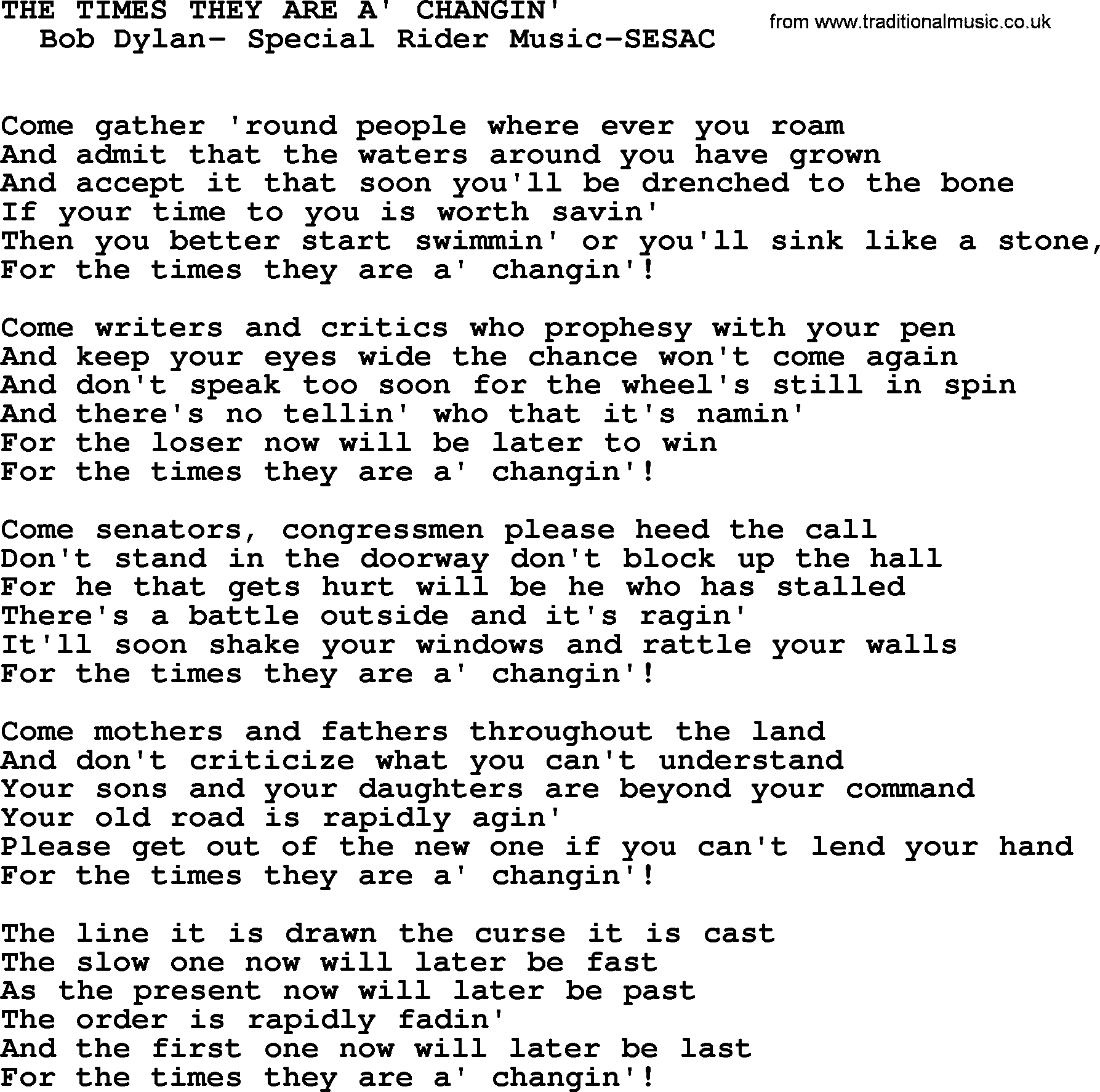 Peter, Paul and Mary song The Times They Are A Changin lyrics
