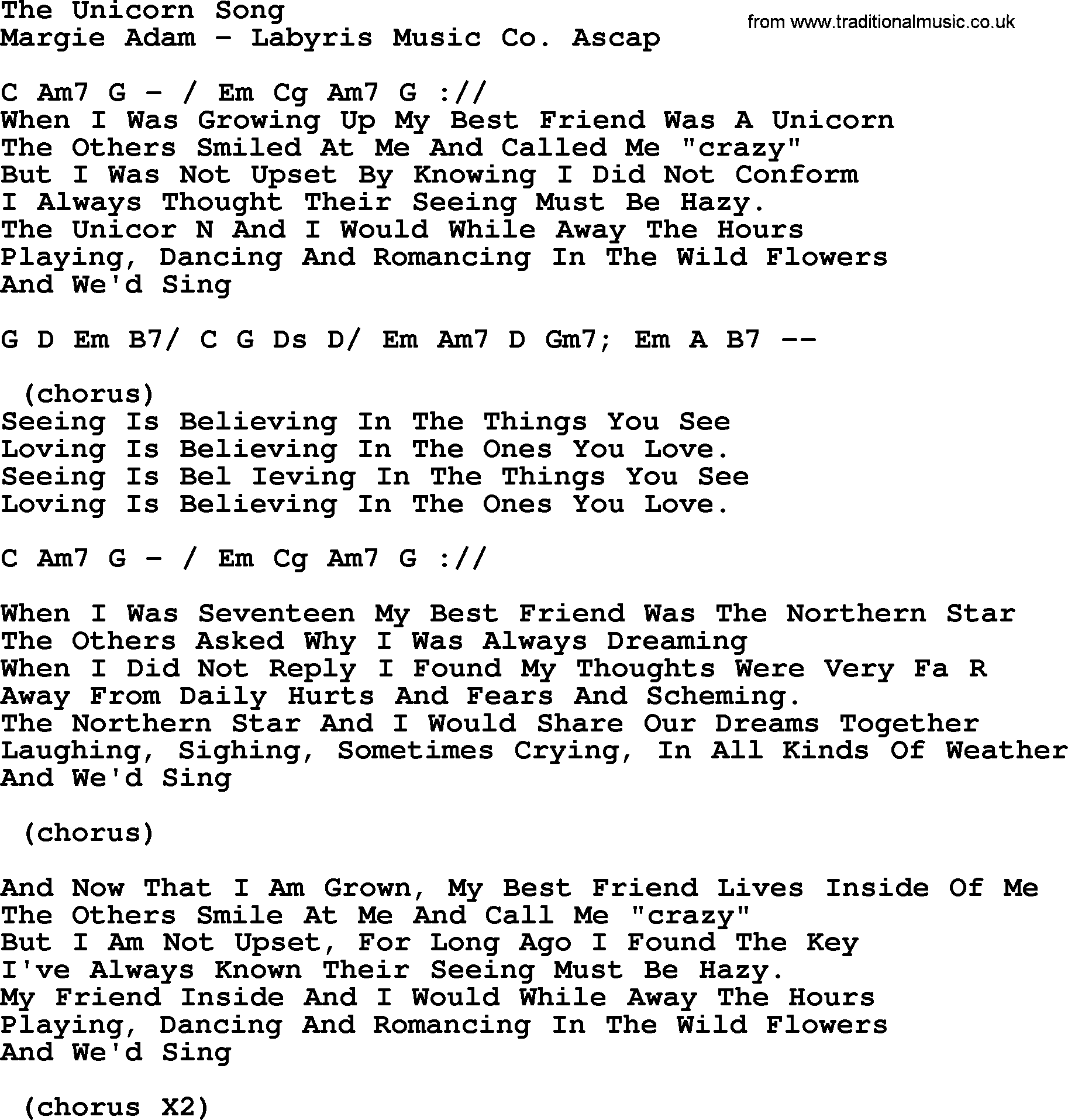 Peter, Paul and Mary song The Unicorn Song, lyrics and chords