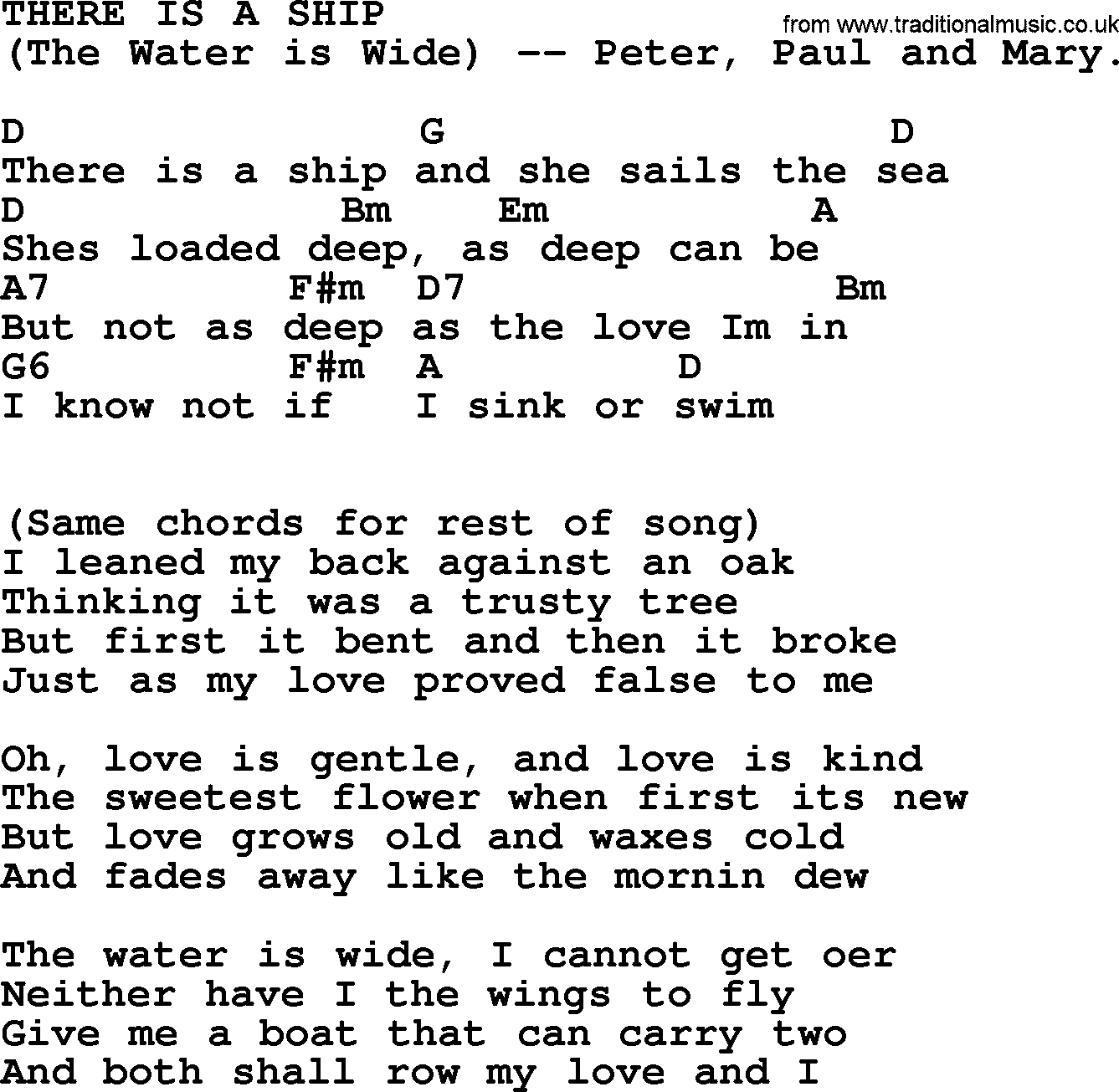 Peter, Paul and Mary song There Is A Ship The Water Is Wide, lyrics and chords