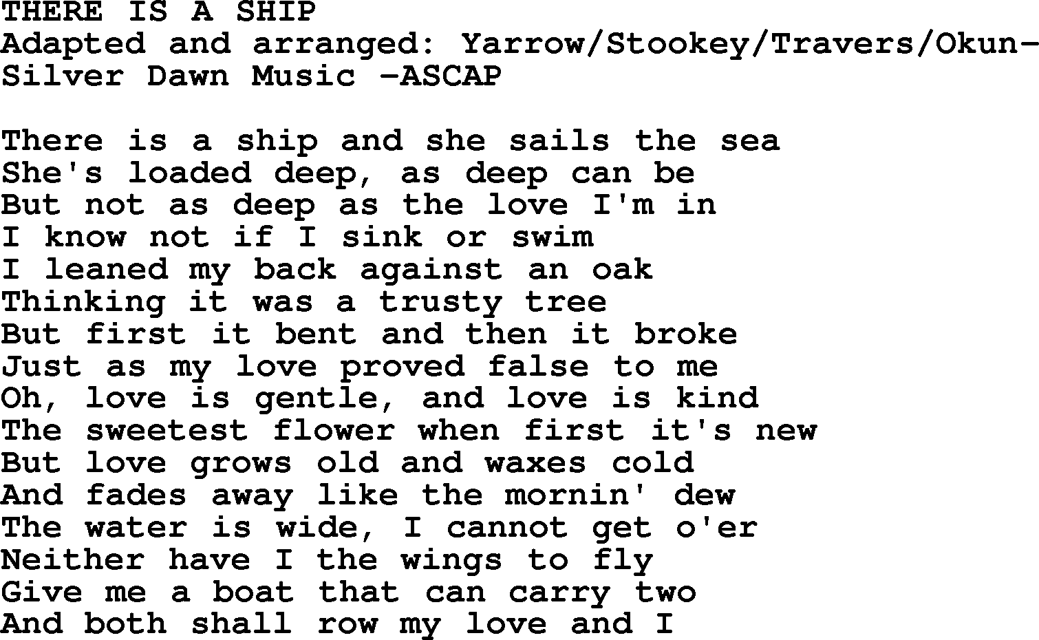 Peter, Paul and Mary song There Is A Ship lyrics