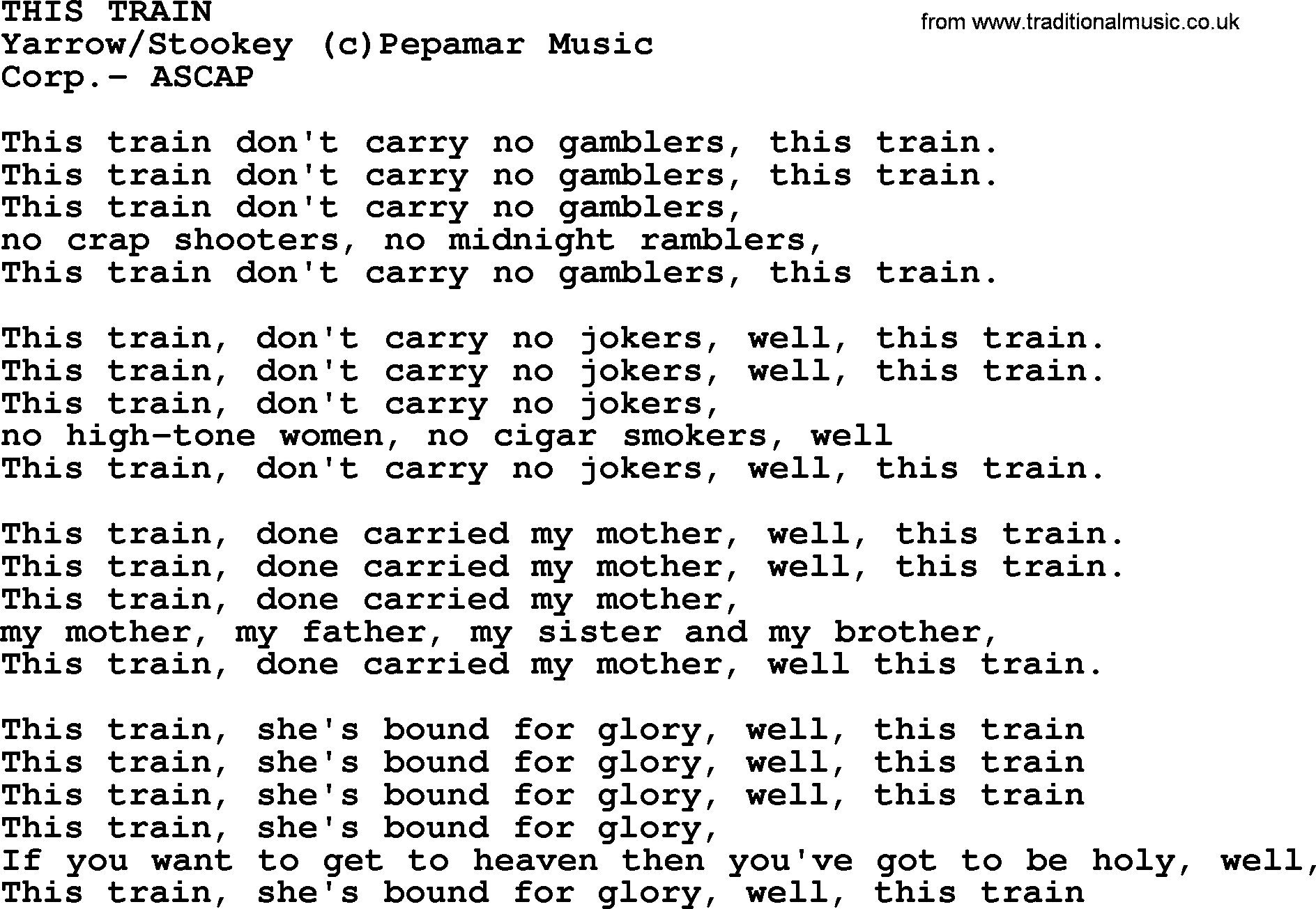 Peter, Paul and Mary song This Train lyrics