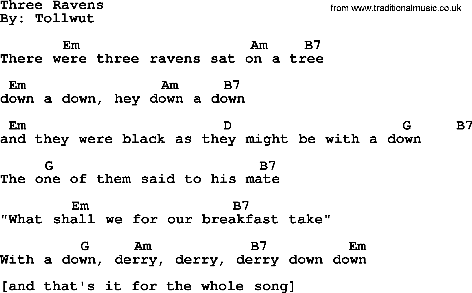 Peter, Paul and Mary song Three Ravens, lyrics and chords