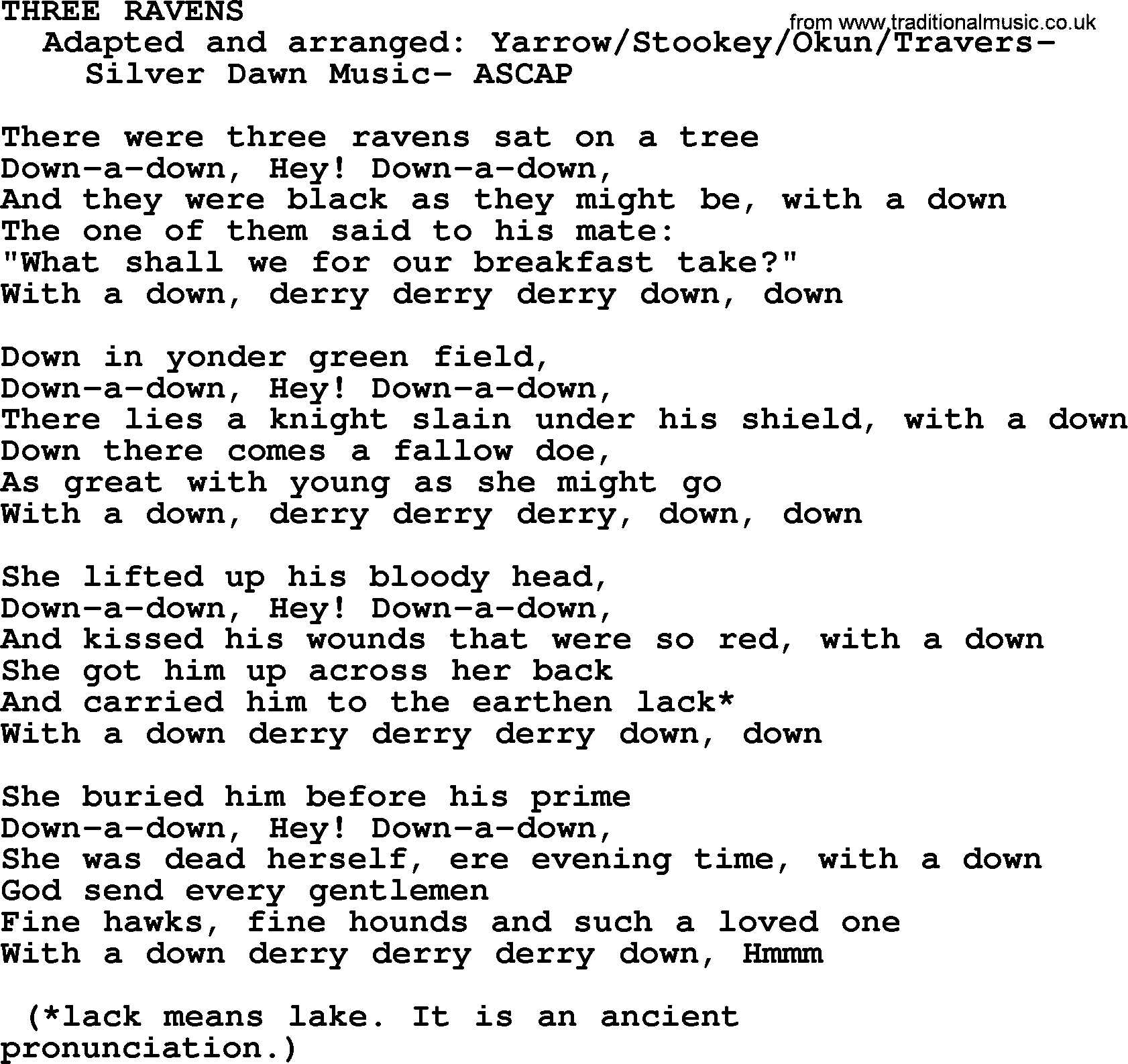Peter, Paul and Mary song Three Ravens lyrics