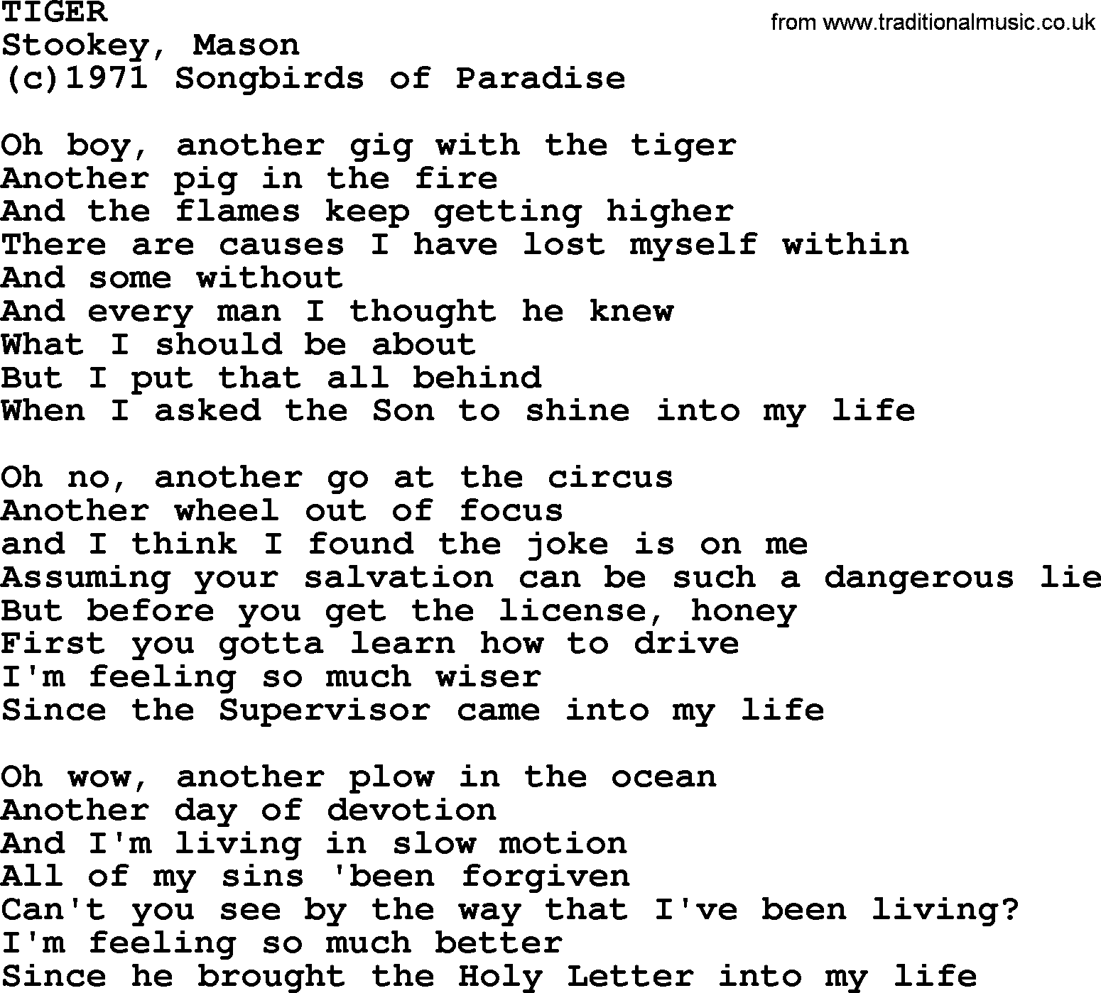 Peter, Paul and Mary song Tiger lyrics