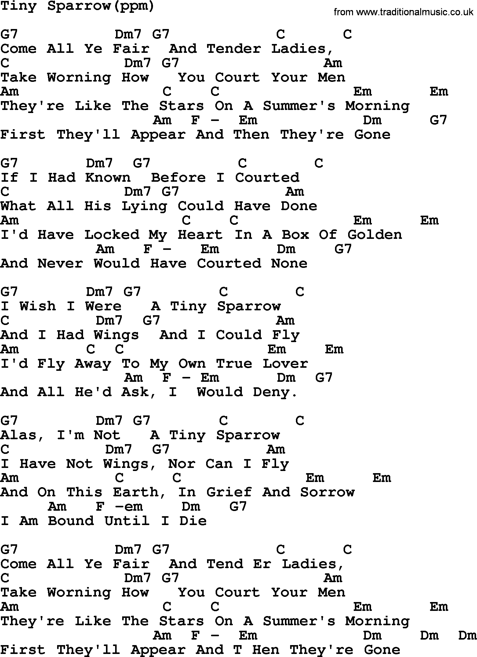 Peter, Paul and Mary song Tiny Sparrow, lyrics and chords