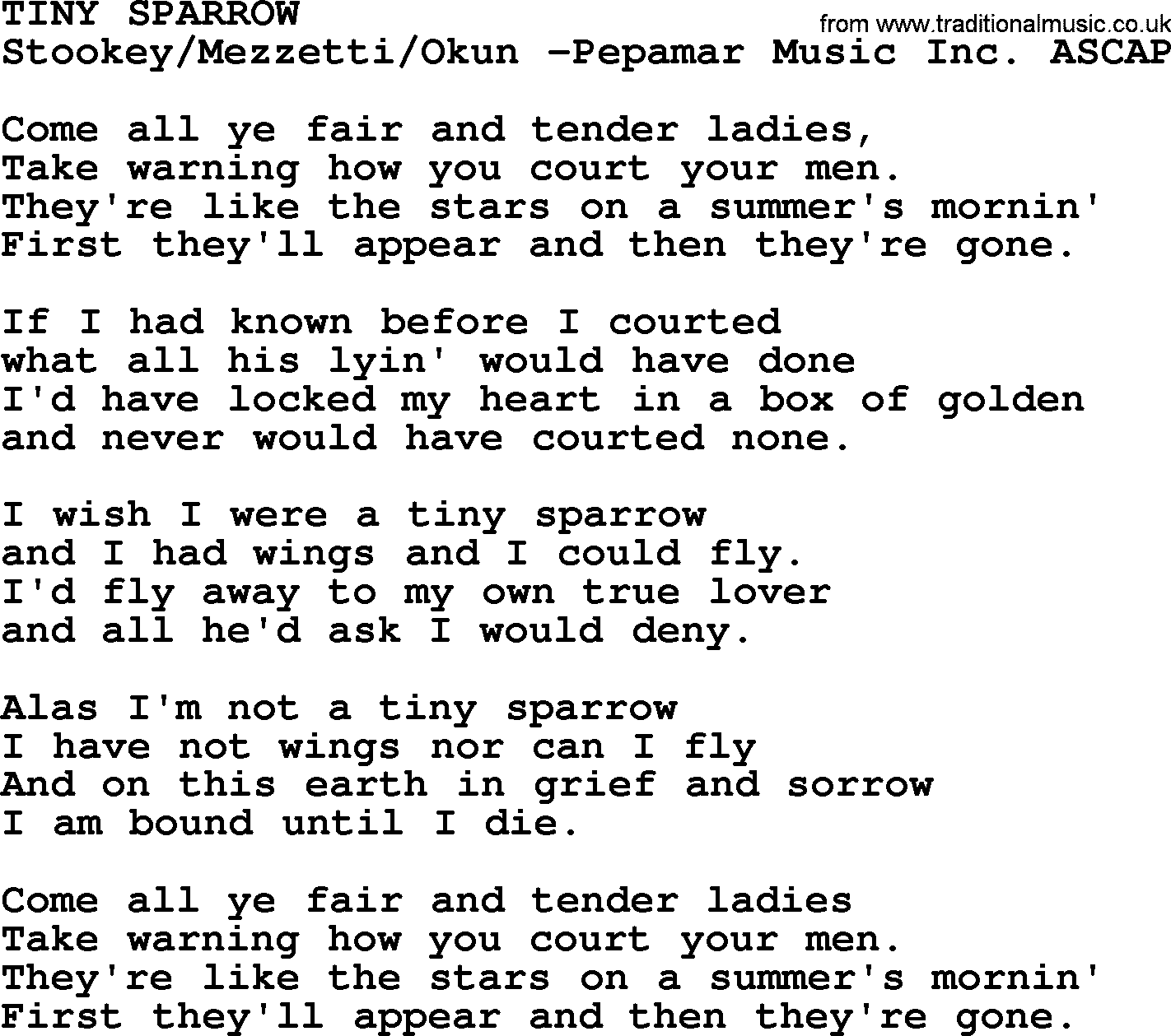 Peter, Paul and Mary song Tiny Sparrow lyrics