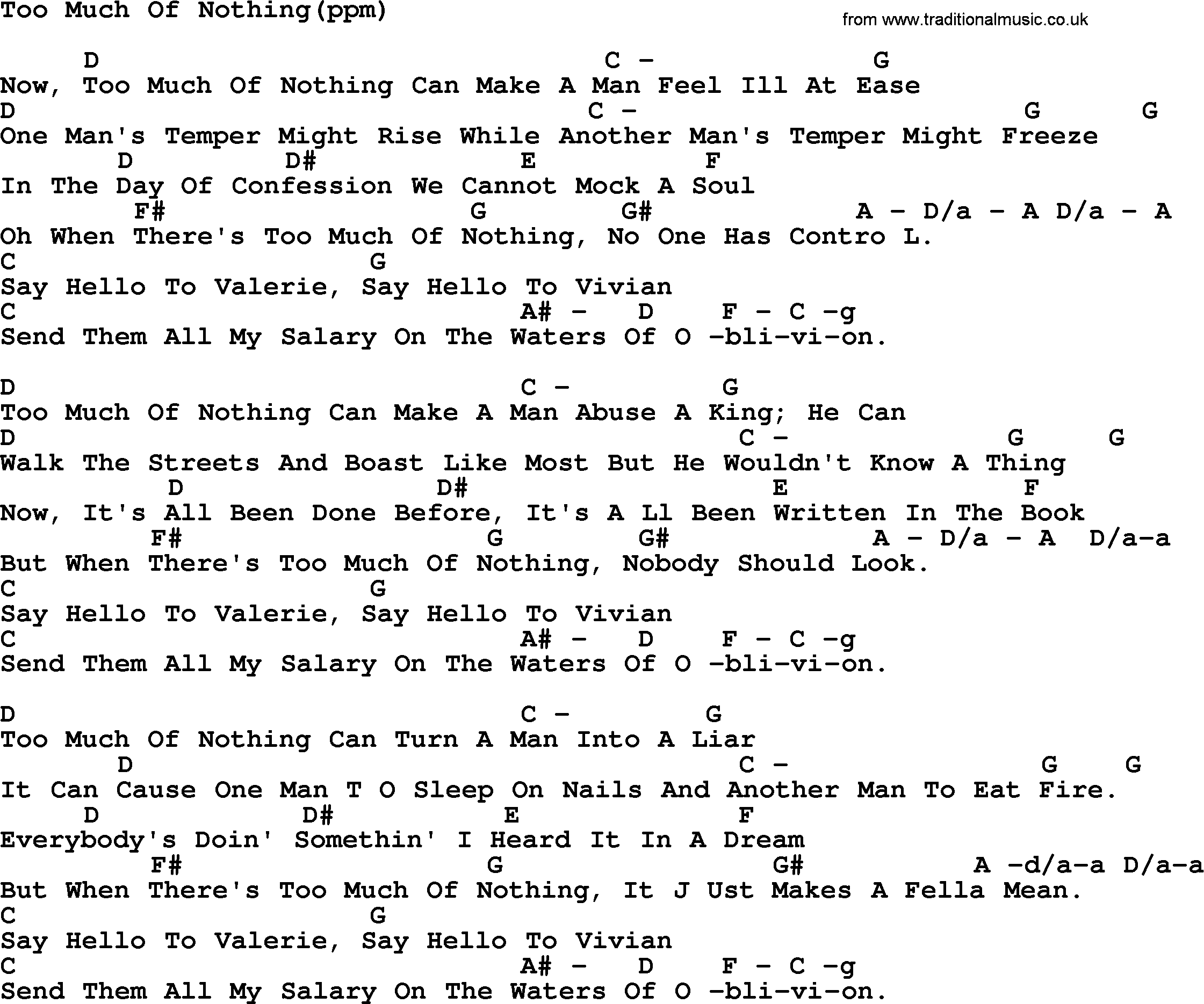 Peter, Paul and Mary song Too Much Of Nothing, lyrics and chords