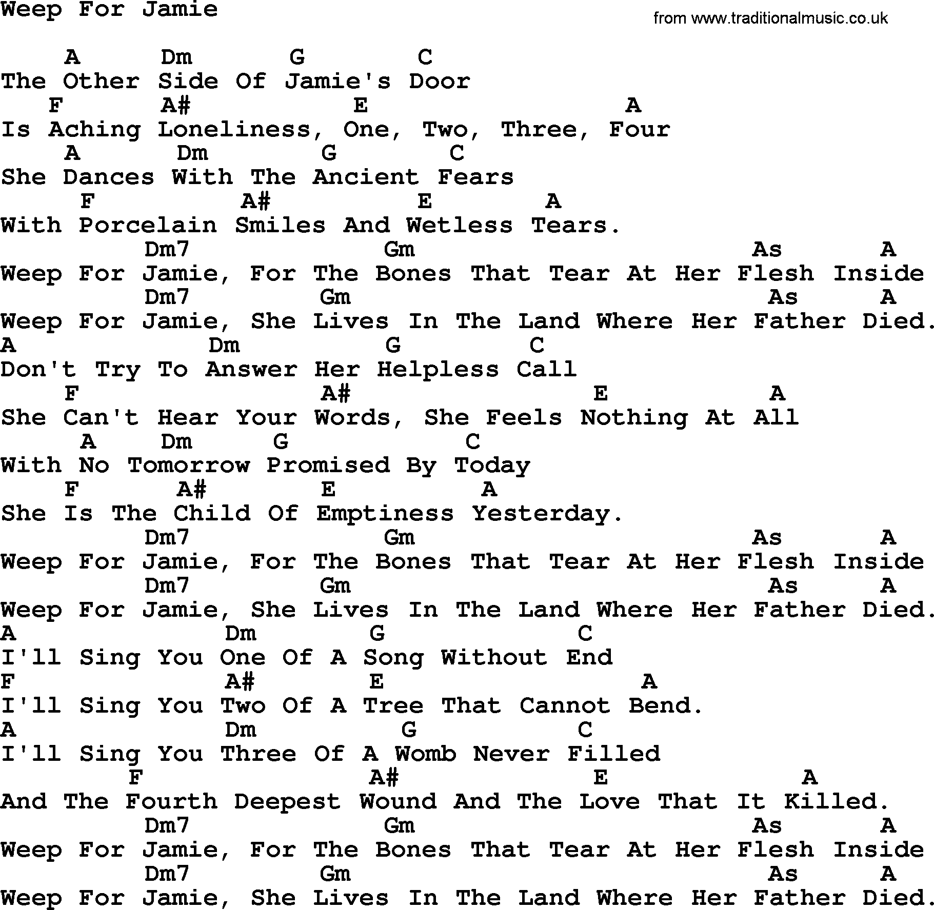 Peter, Paul and Mary song Weep For Jamie, lyrics and chords